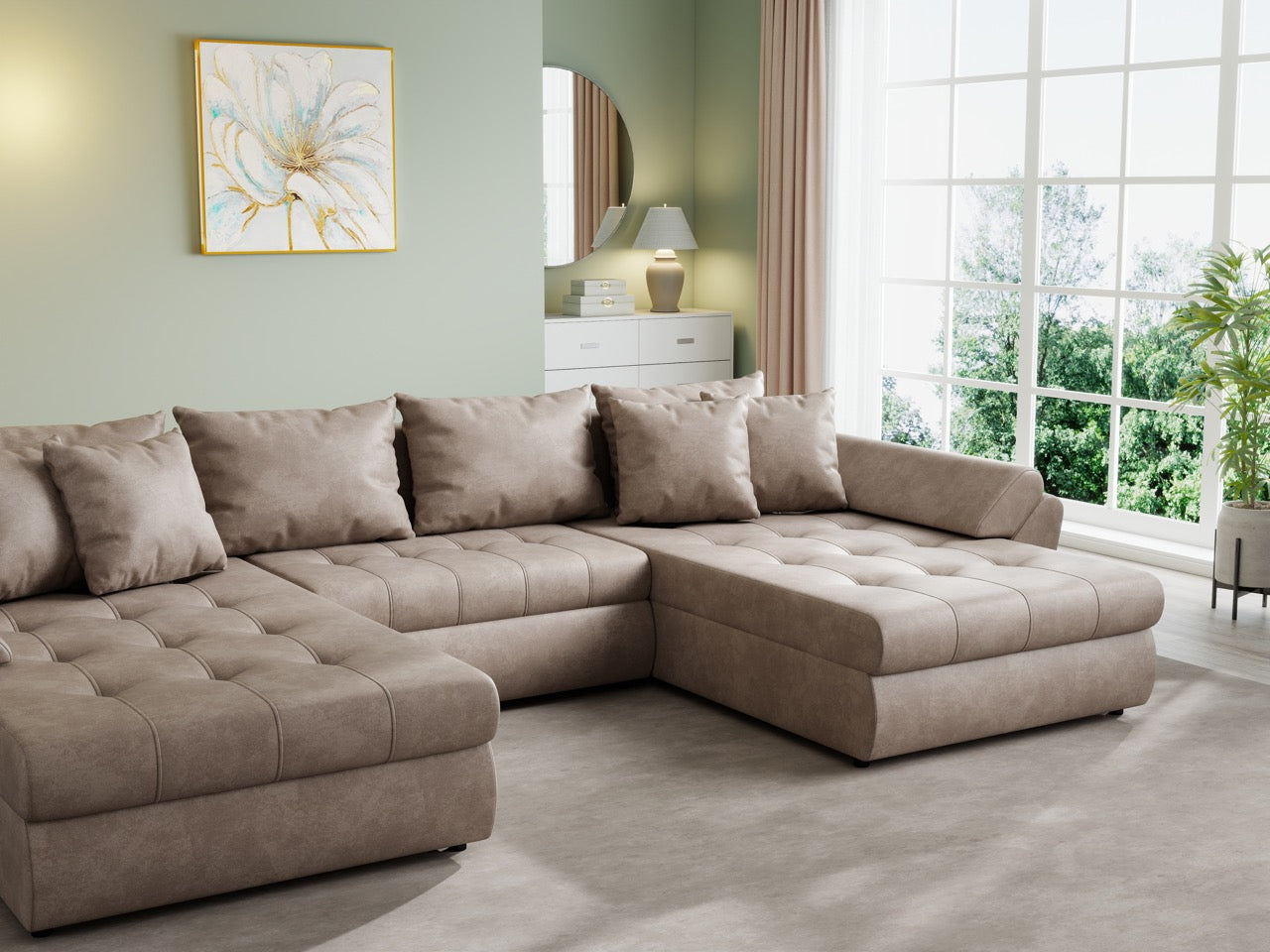 Colțar extensibil dumonde cu ladă de depozitare si sezut confortabil din spuma HR, Loana U Tobago Brown 355x185 cm