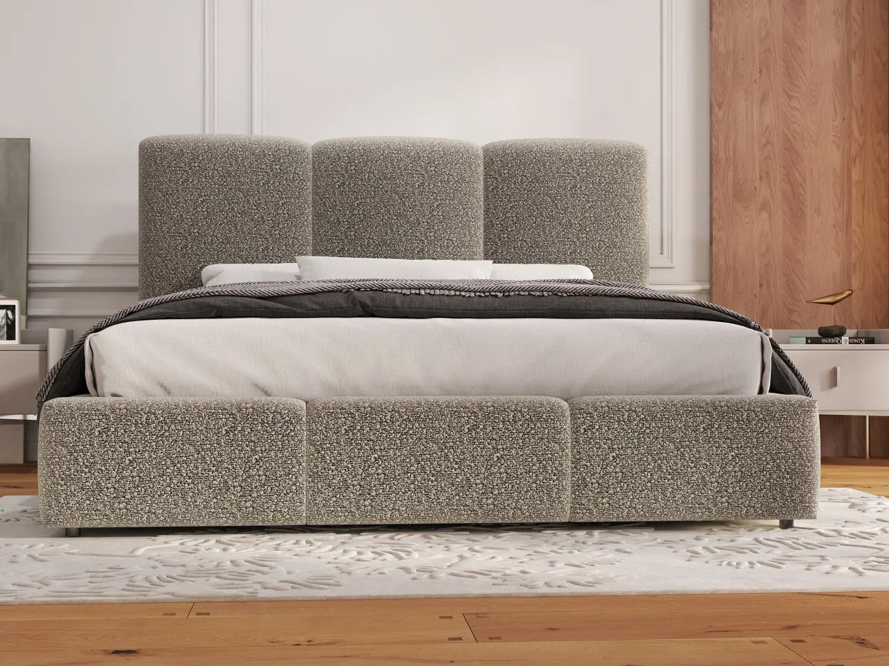 Pat dormitor dumonde, tapitat bej, Dinasty 180x200 cm, somiera rabatabila inclusa, spatiu depozitare WLS