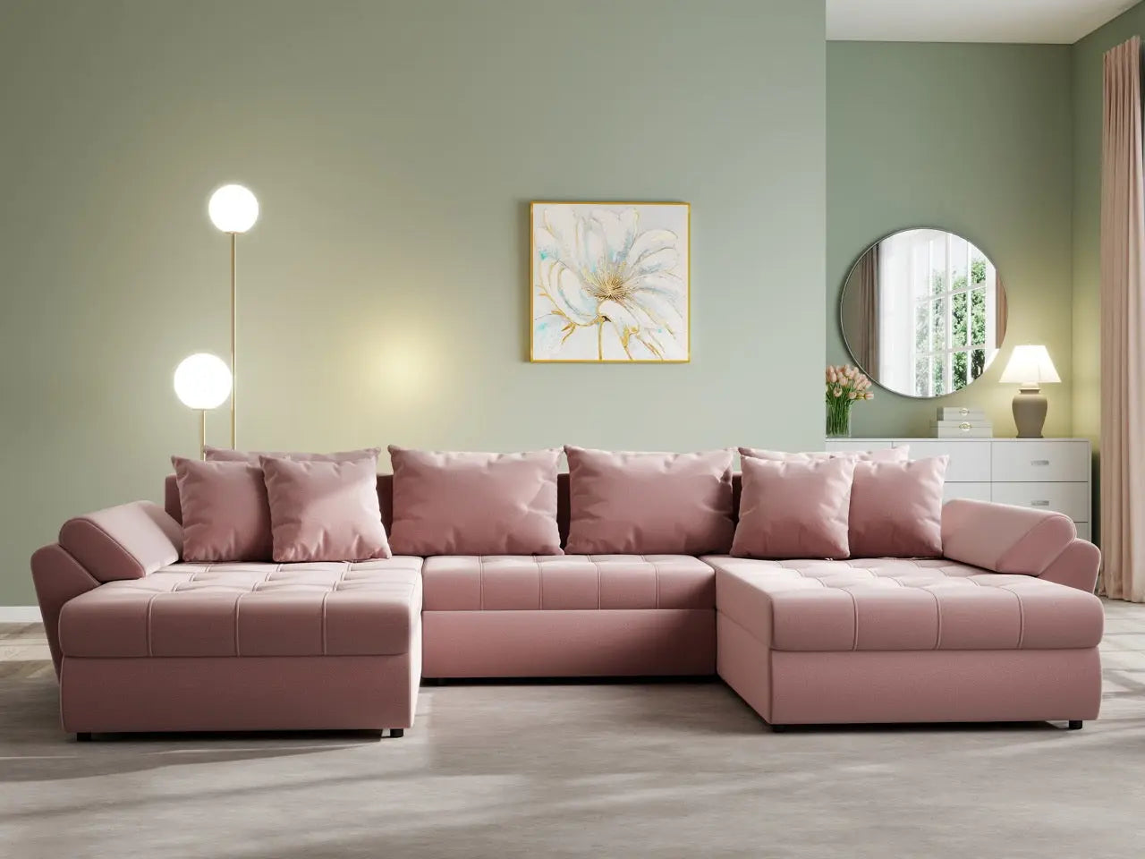 Colțar extensibil dumonde cu ladă de depozitare si sezut confortabil din spuma HR, Loana U Royal Pink 355x185 cm Fabrica