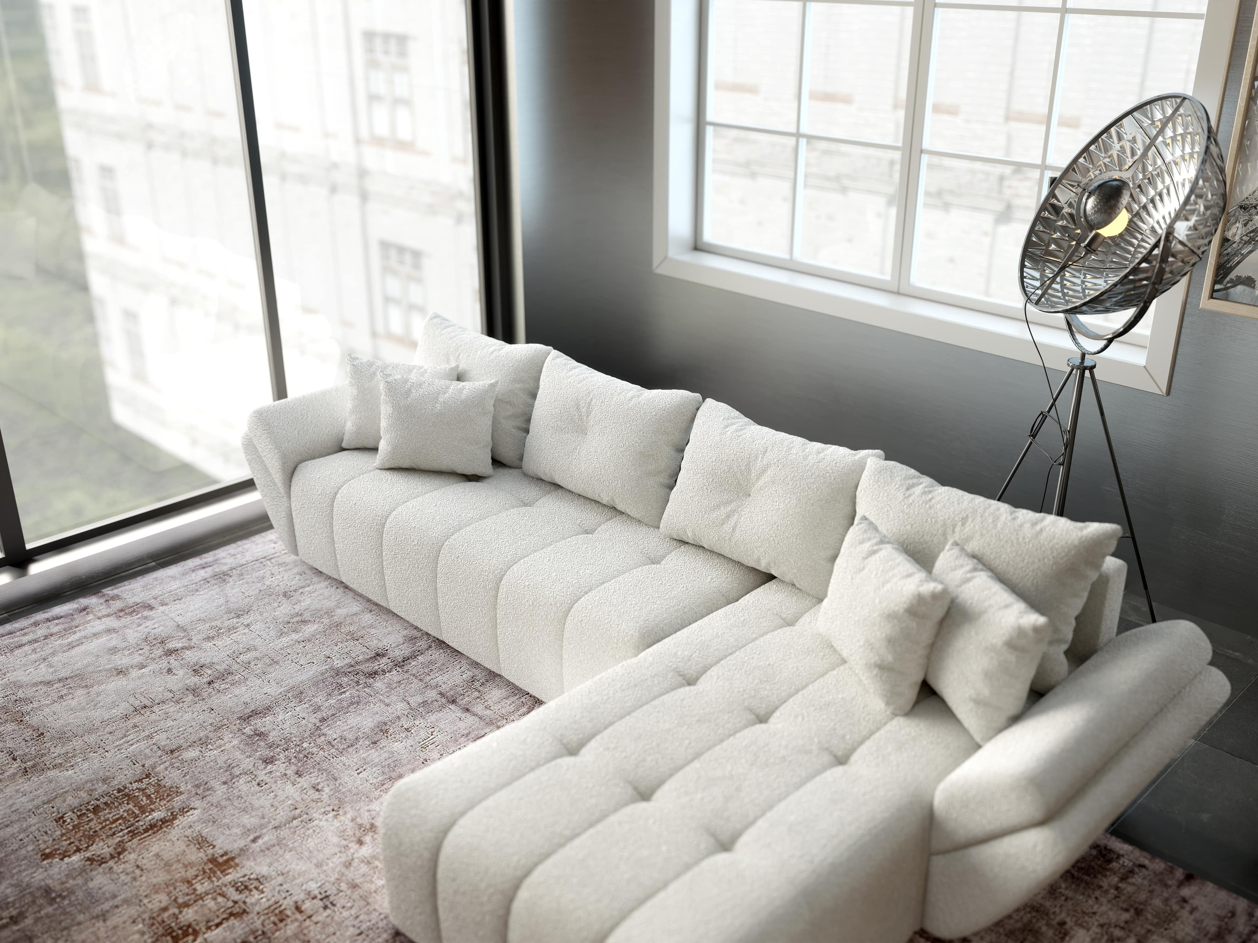 Colțar extensibil dumonde cu ladă de depozitare si sezut confortabil din spuma HR, Berlin XL Euphoria Ivory 350x185 cm II Fabrica