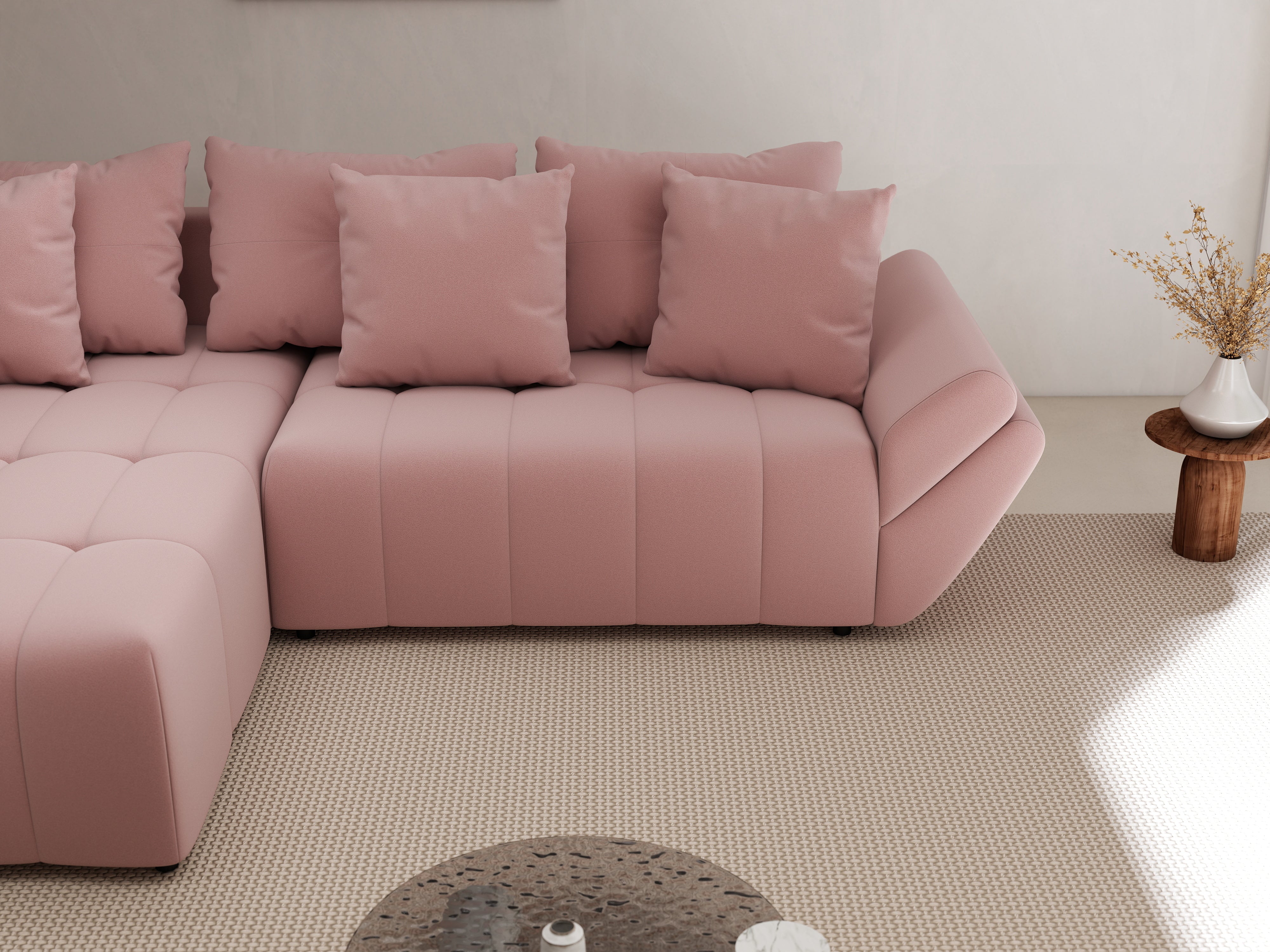 Colțar extensibil dumonde cu ladă de depozitare si sezut confortabil din spuma HR, Berlin Royal Roz 280x185 cm Fabrica