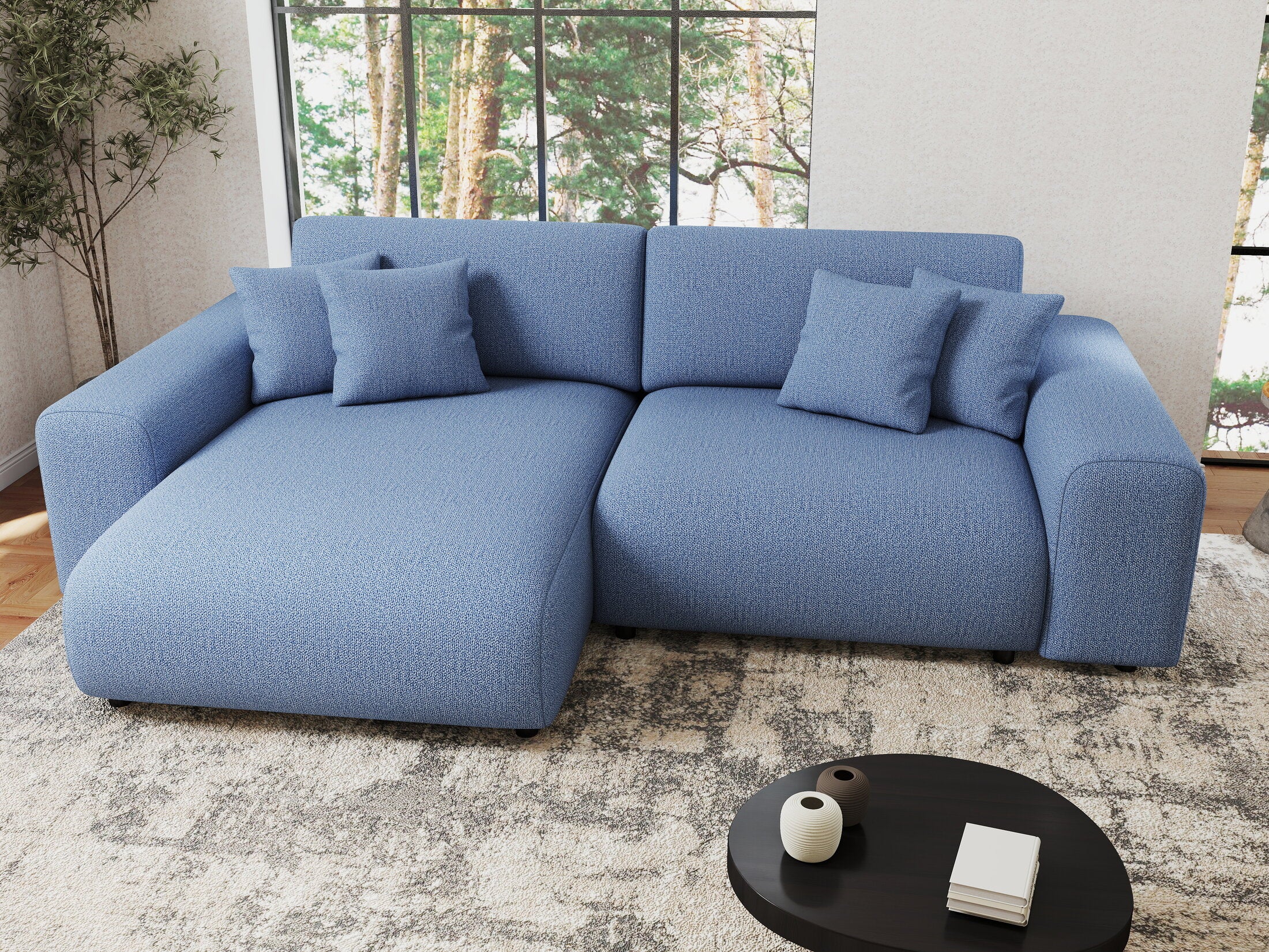 Colțar extensibil dumonde cu ladă de depozitare si sezut confortabil din spuma HR, Sarina Enjoy Albastru 255x168 cm