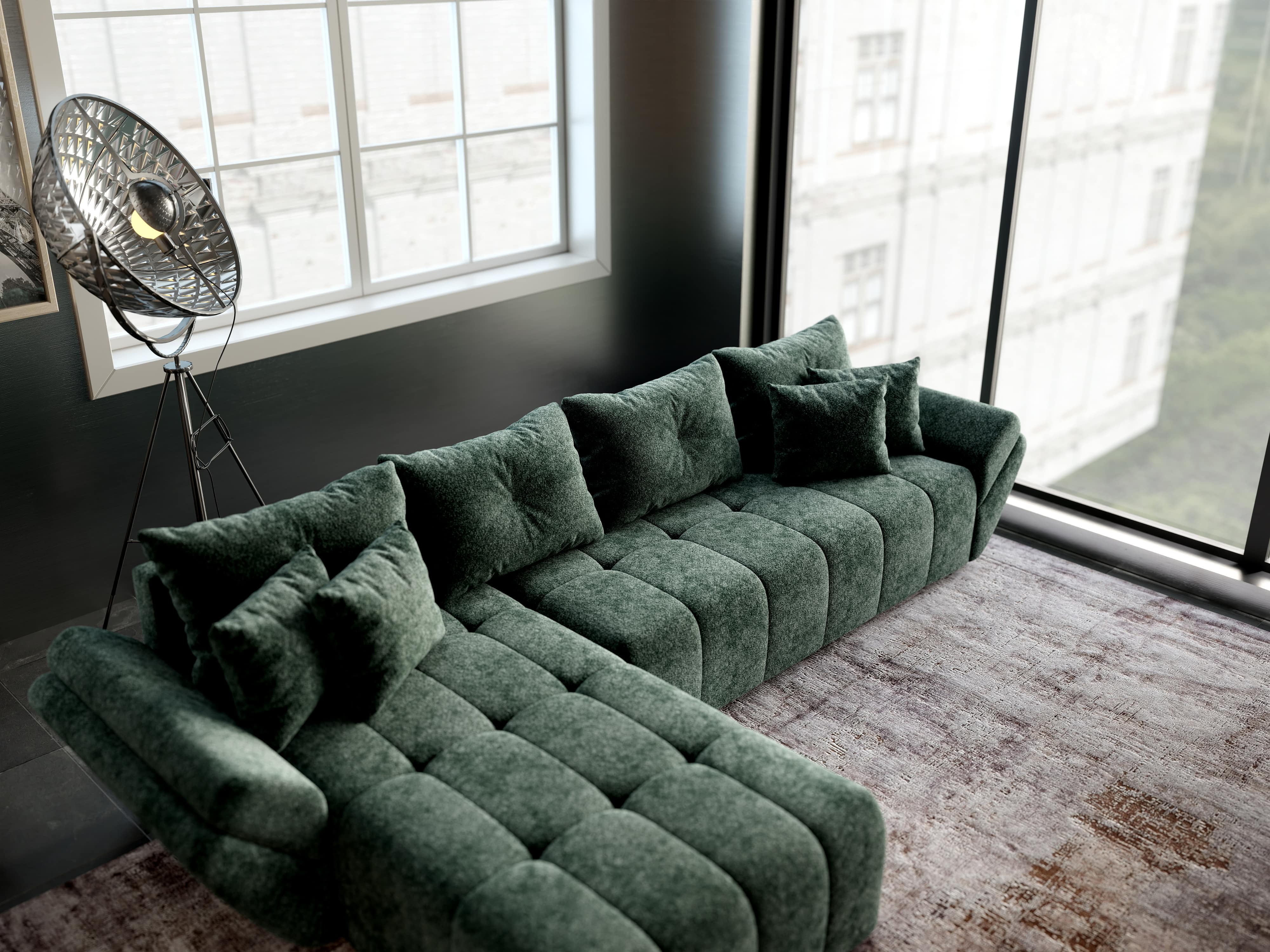 Colțar extensibil dumonde cu ladă de depozitare si sezut confortabil din spuma HR, Berlin XL Euphoria Green 350x185 cm Fabrica