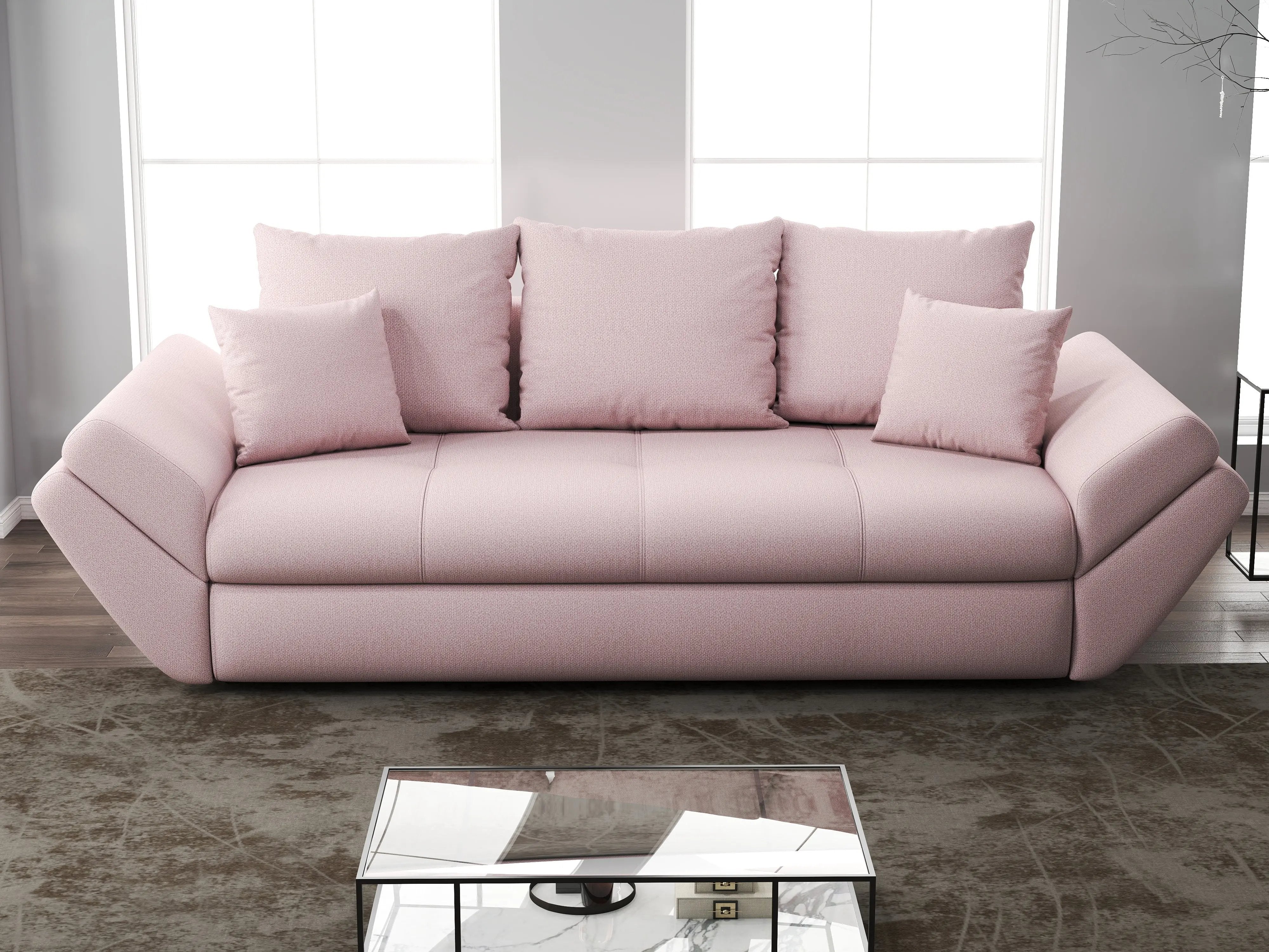Canapea extensibilă dumonde cu ladă de depozitare si sezut confortabil din spuma HR, Loana Enjoy Flamingo 250x100 cm Fabrica