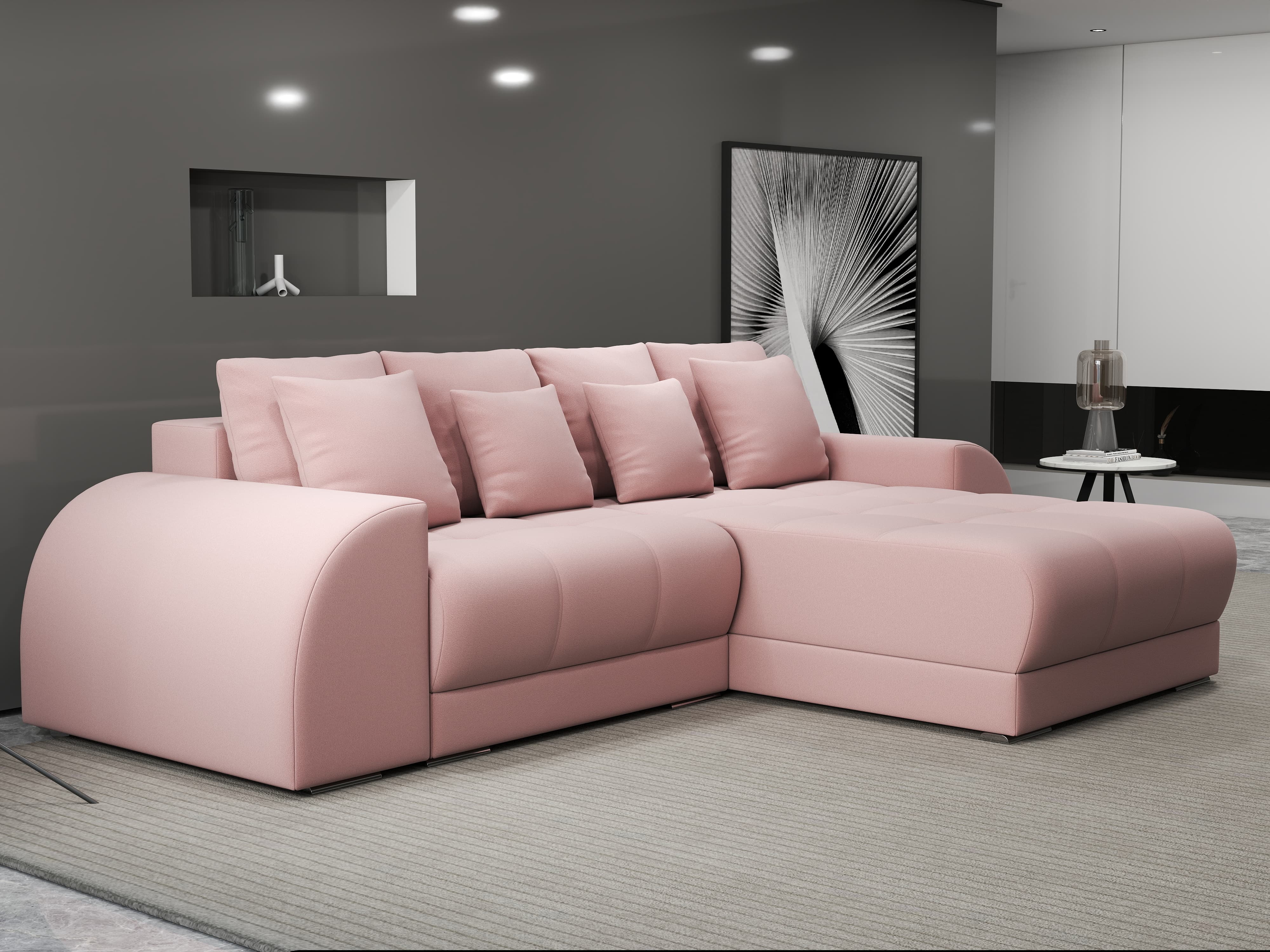 Colțar extensibil dumonde cu ladă de depozitare si sezut confortabil din spuma HR, Verona Royal Roz II 290x185 cm Fabrica