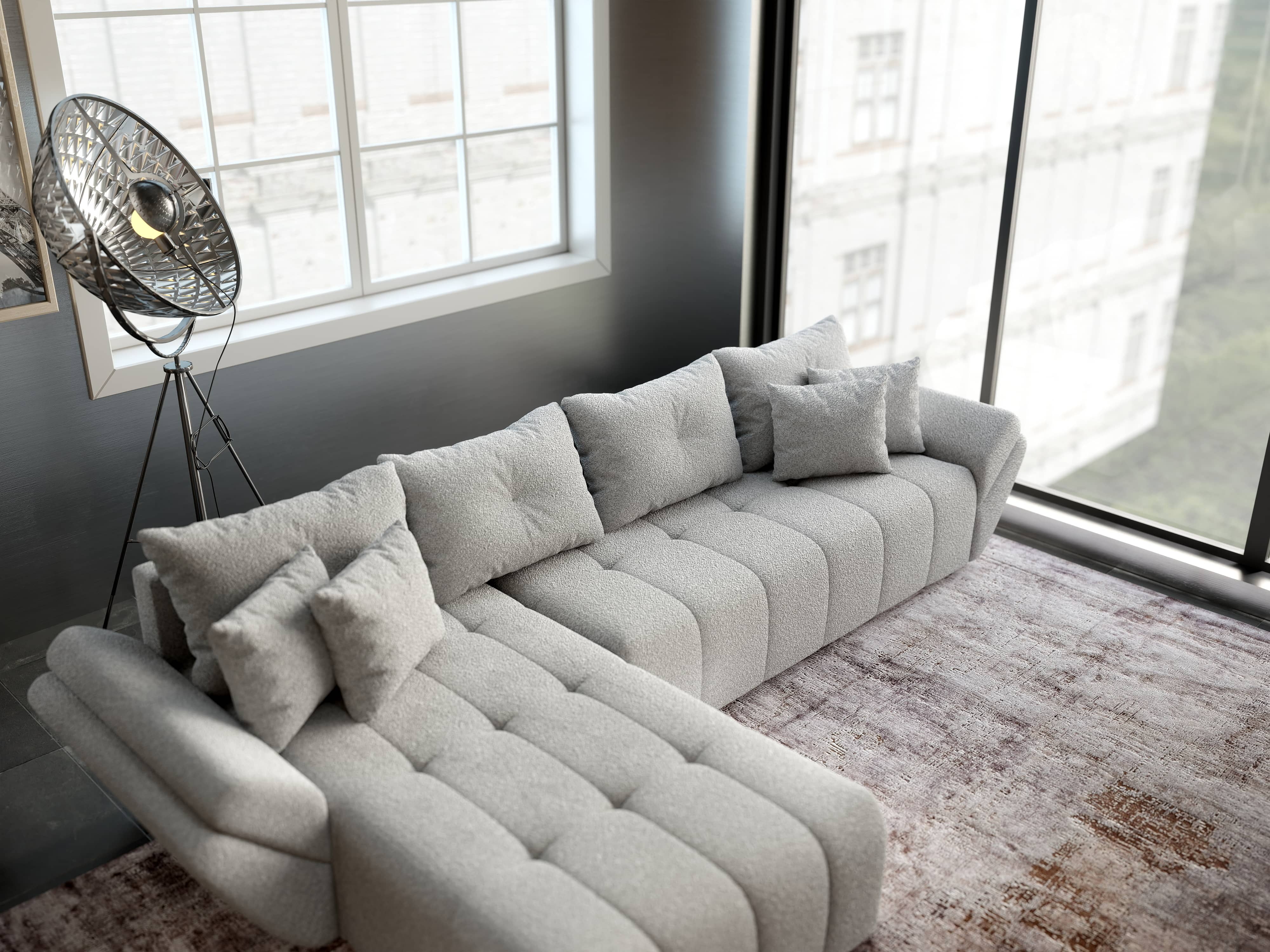 Colțar extensibil dumonde cu ladă de depozitare si sezut confortabil din spuma HR, Berlin XL Euphoria Dove 350x185 cm Fabrica