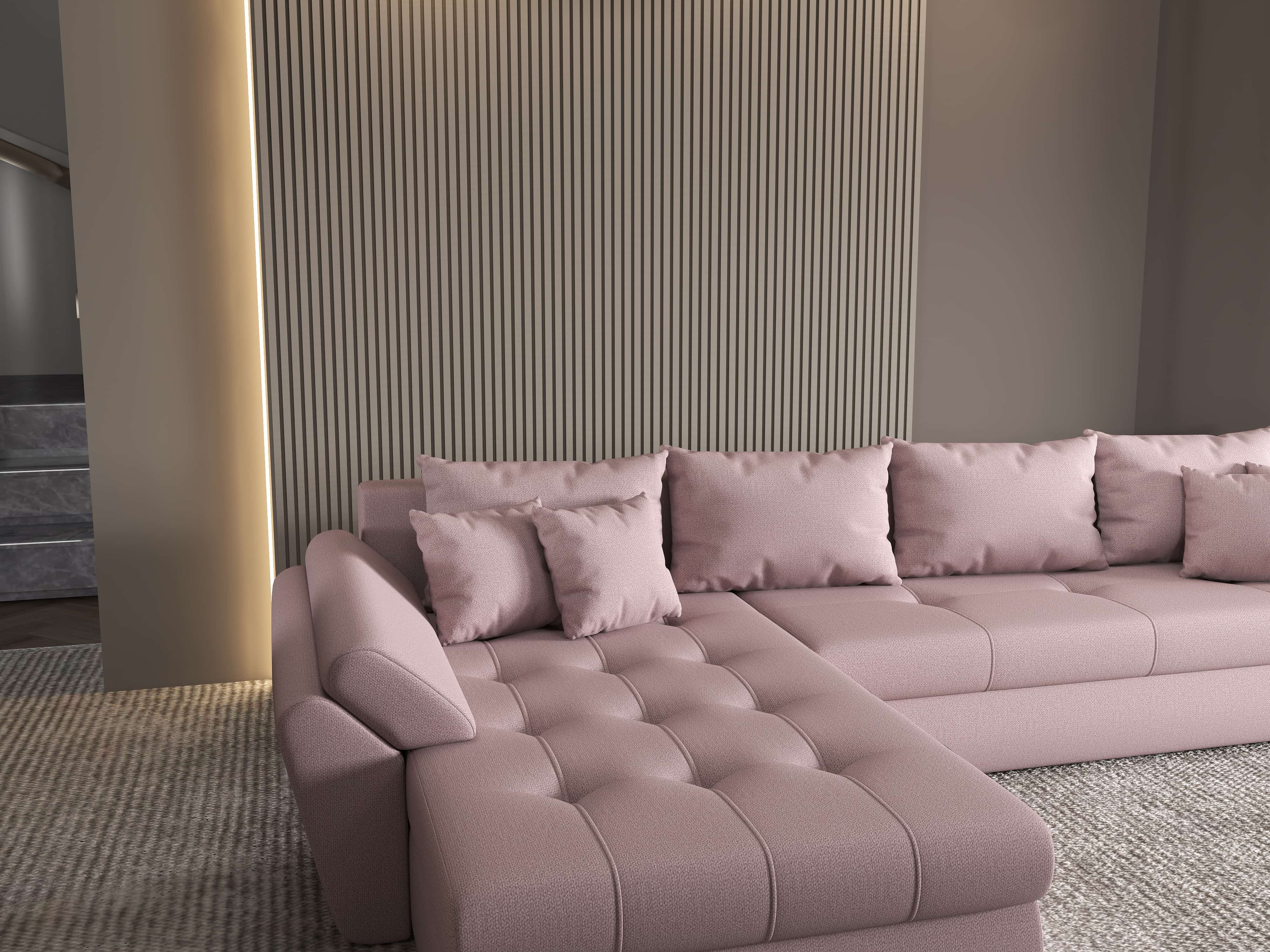 Colțar extensibil dumonde cu ladă de depozitare si sezut confortabil din spuma HR, Loana XL Enjoy Flamingo 335x185 cm Fabrica
