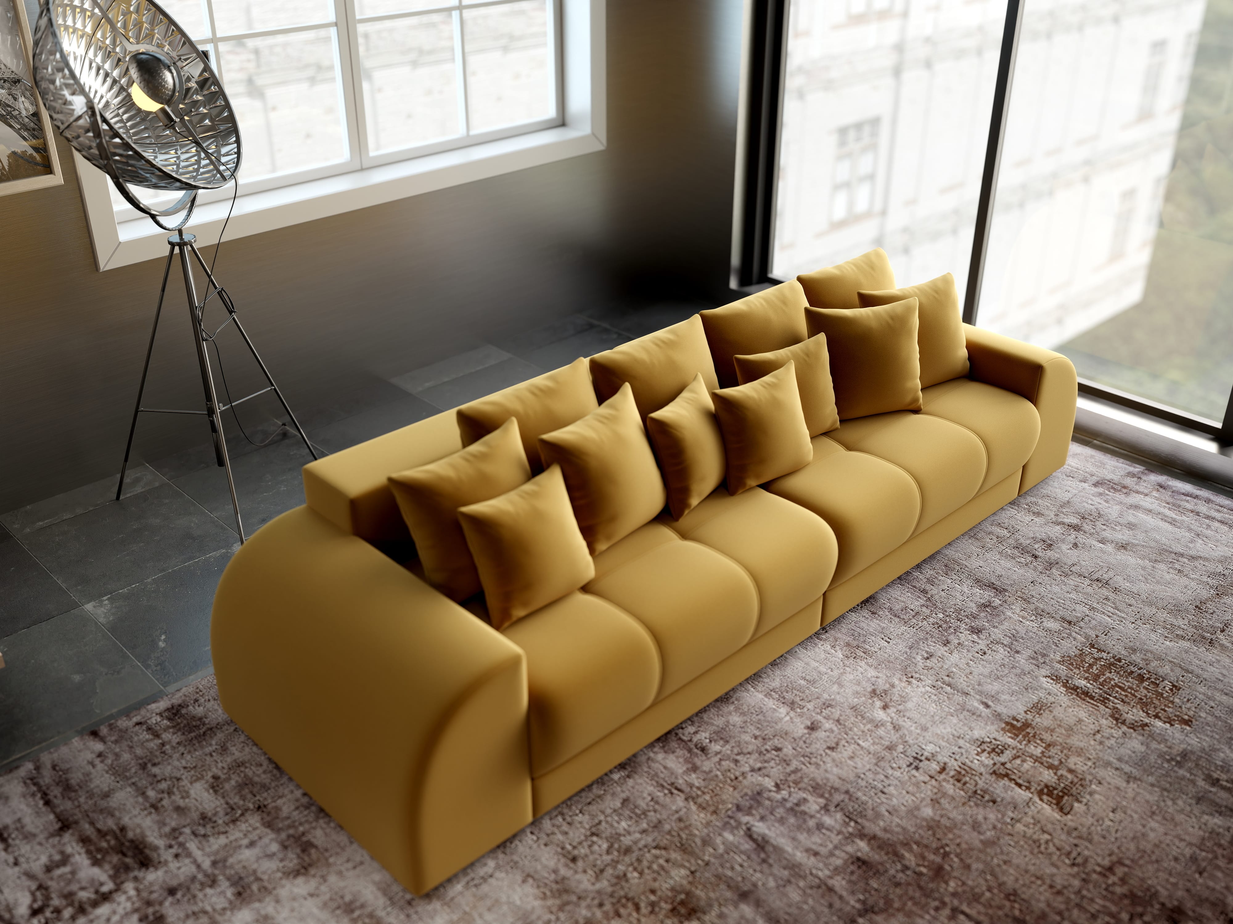 Canapea extensibilă dumonde cu 2 lăzi de depozitare si sezut confortabil din spuma HR, Verona Royal Mustar 310x100 cm Fabrica