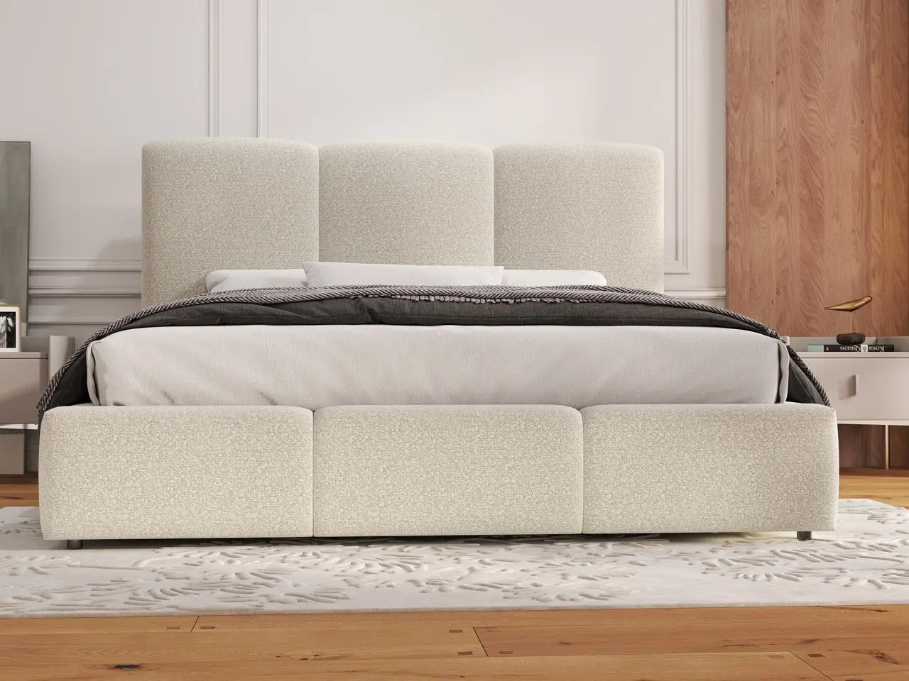 Pat dormitor dumonde, tapitat bej, Dinasty 160x200 cm, somiera rabatabila inclusa, spatiu depozitare WLS