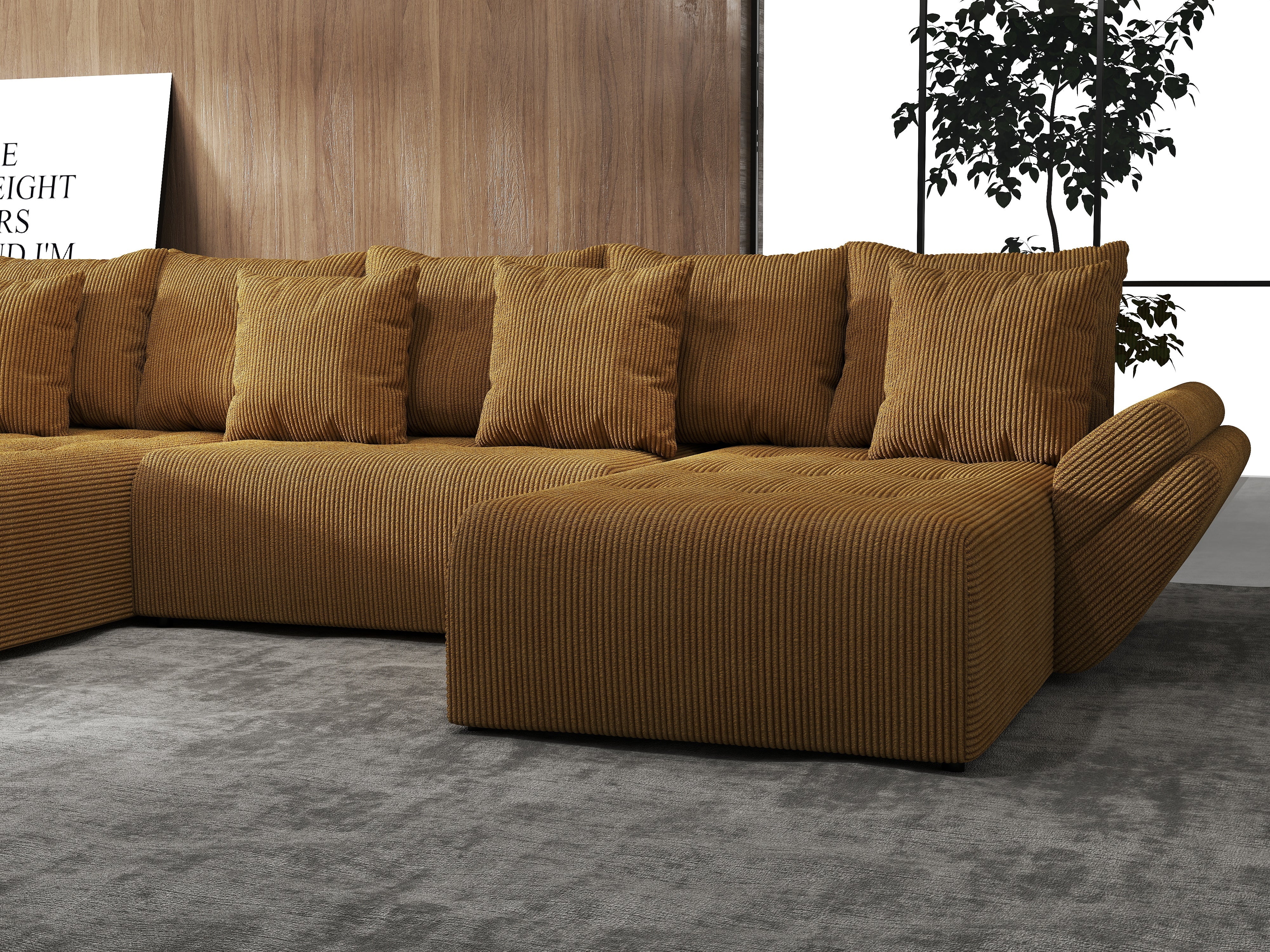 Colțar extensibil dumonde cu ladă de depozitare si sezut confortabil din spuma HR, Berlin U Zoom Mustar 380x180 cm Fabrica