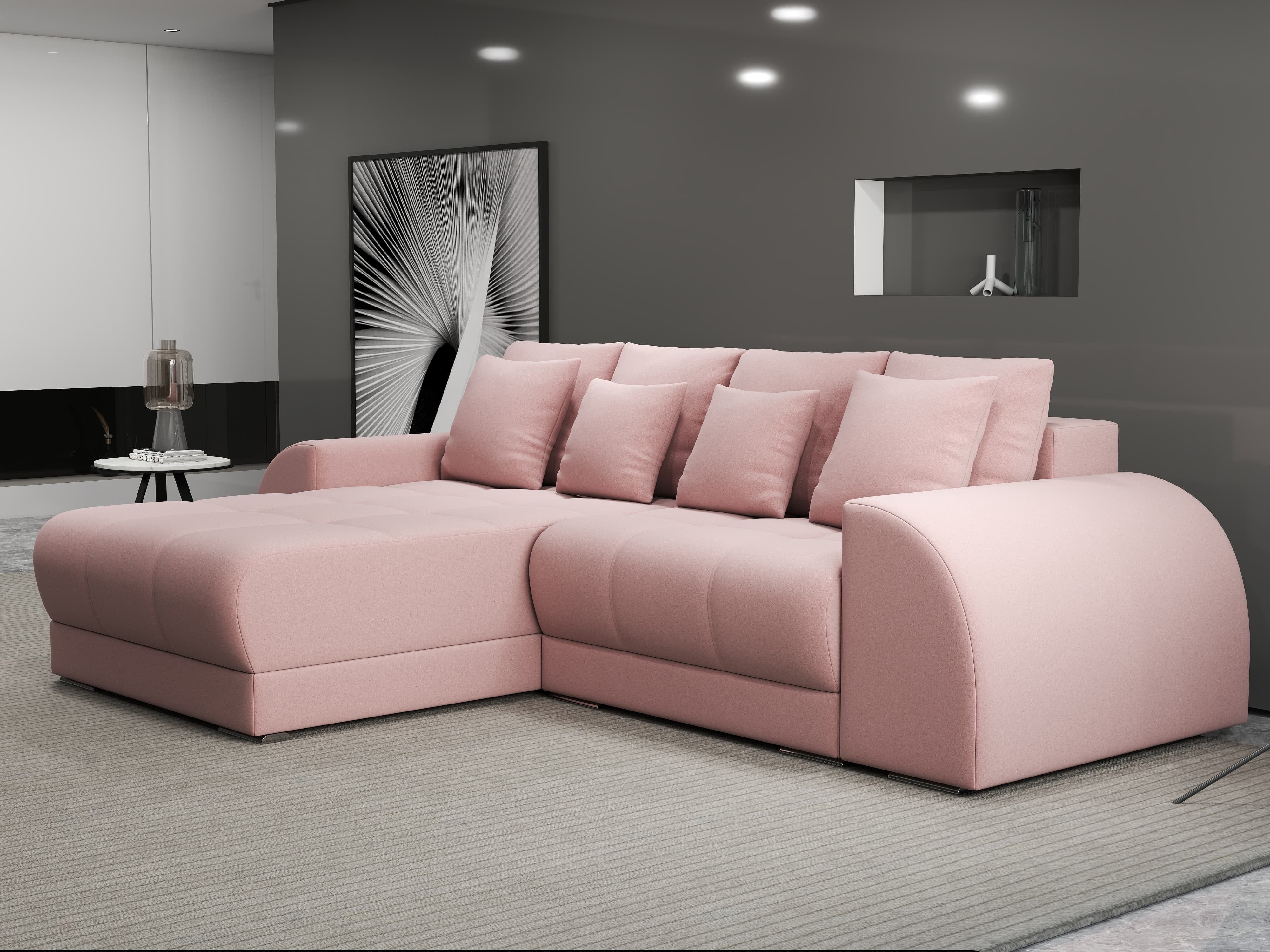 Colțar extensibil dumonde cu ladă de depozitare si sezut confortabil din spuma HR, Verona Royal Roz 290x185 cm Fabrica