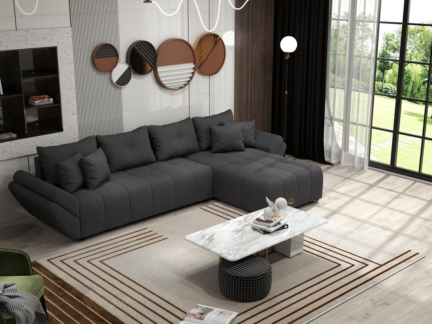 Colțar extensibil dumonde cu ladă de depozitare si sezut confortabil din spuma HR, Berlin XL Enjoy Graphite 350x185 cm Fabrica