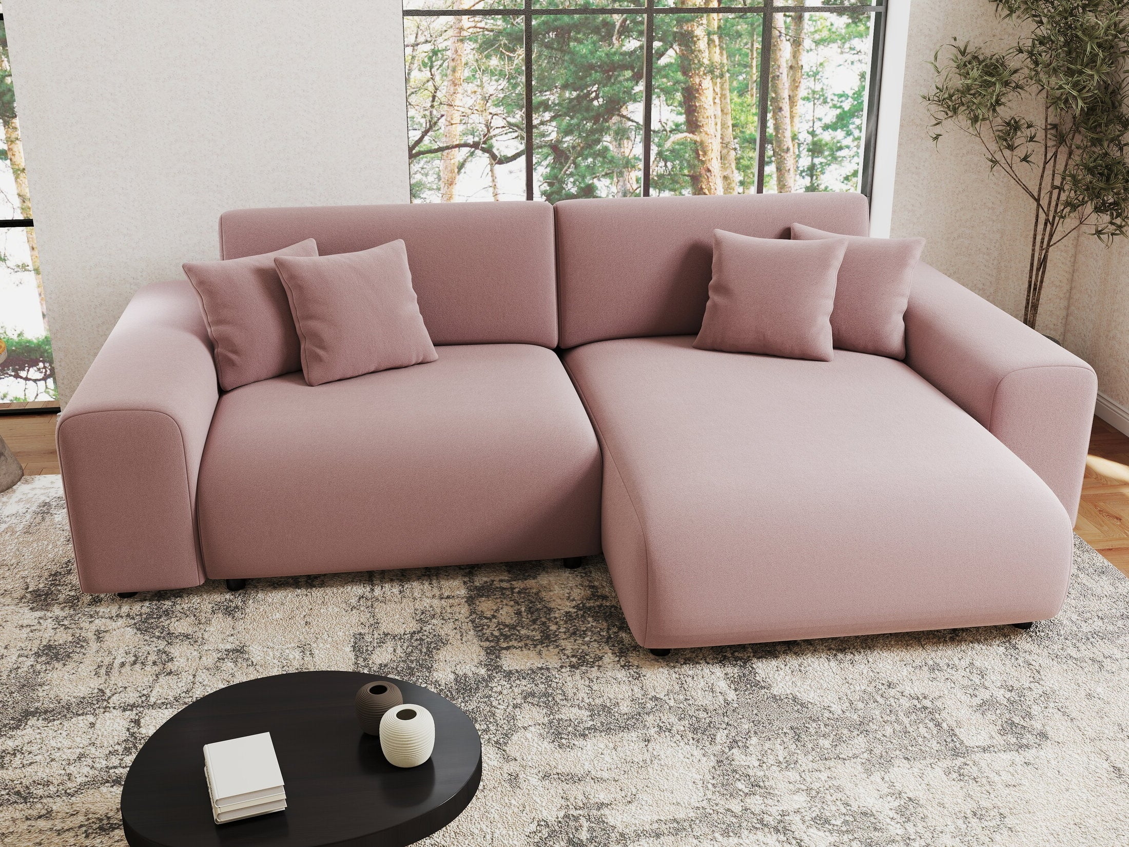 Colțar extensibil dumonde cu ladă de depozitare si sezut confortabil din spuma HR, Sarina Royal Roz 255x168 cm II