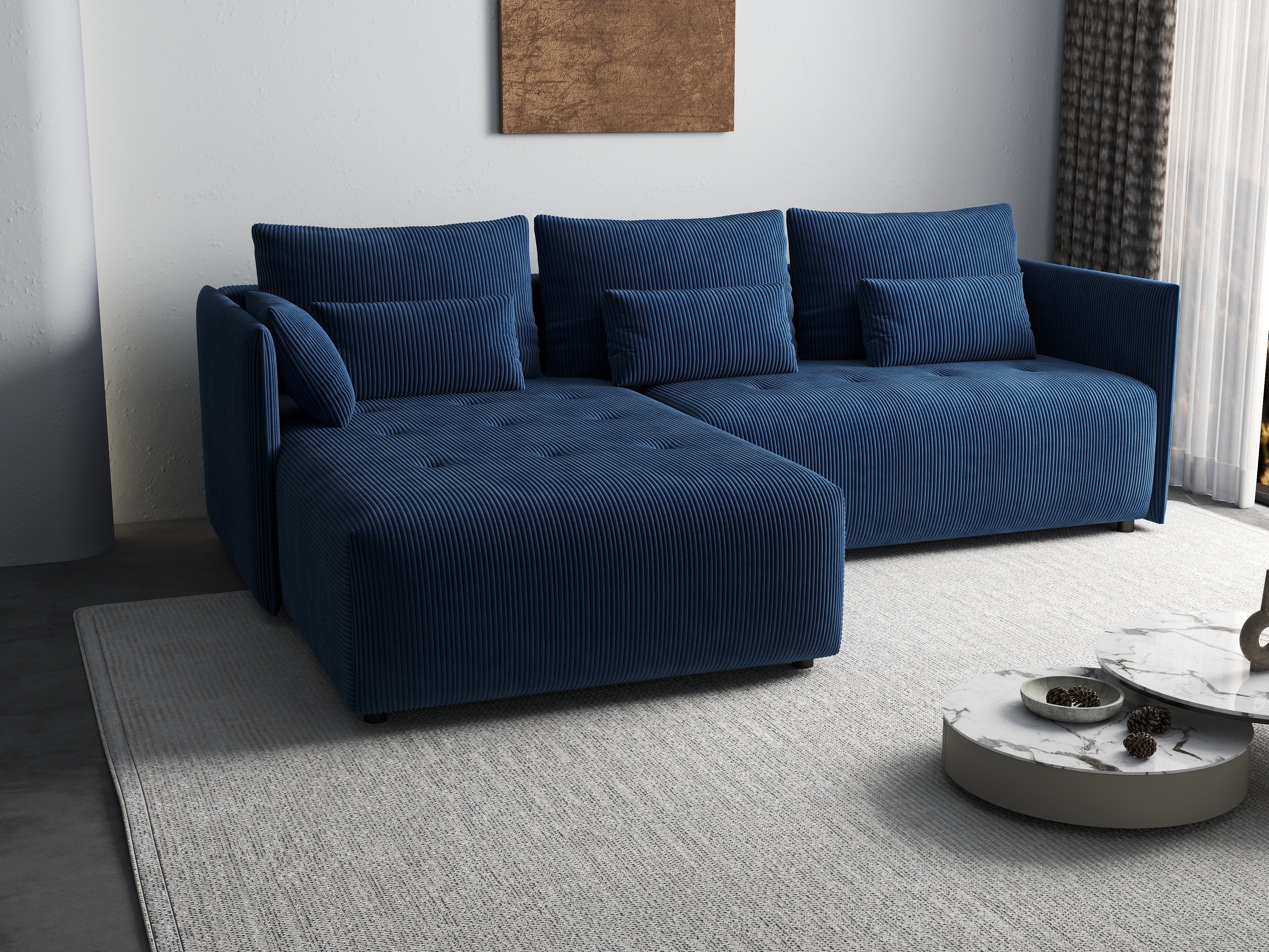 Colțar extensibil dumonde cu ladă de depozitare si sezut confortabil din spuma HR, Malta Zoom Blue II 235x185 cm Fabrica