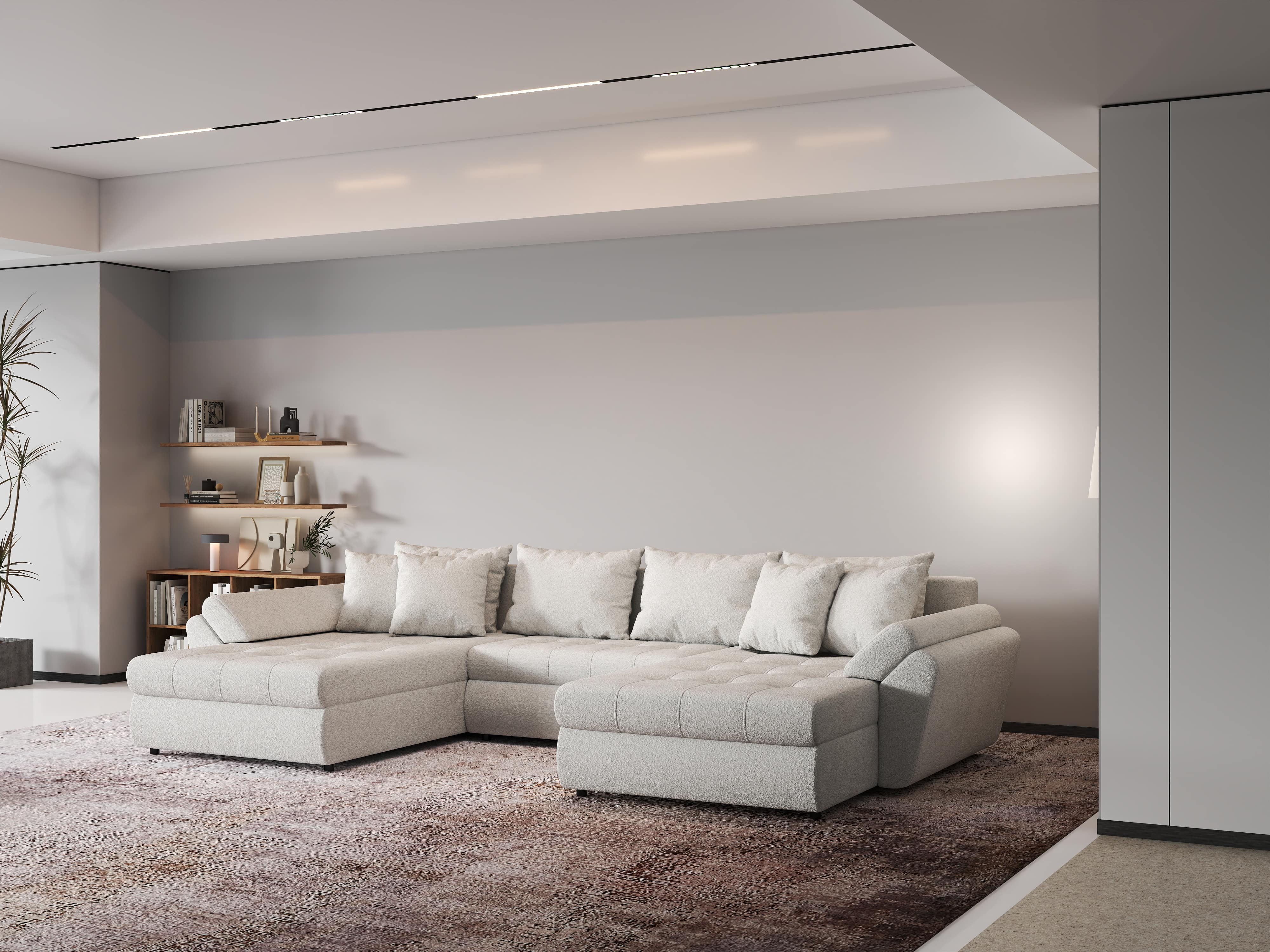 Colțar extensibil dumonde cu ladă de depozitare si sezut confortabil din spuma HR, Loana U Euphoria Ivory 355x185 cm Fabrica