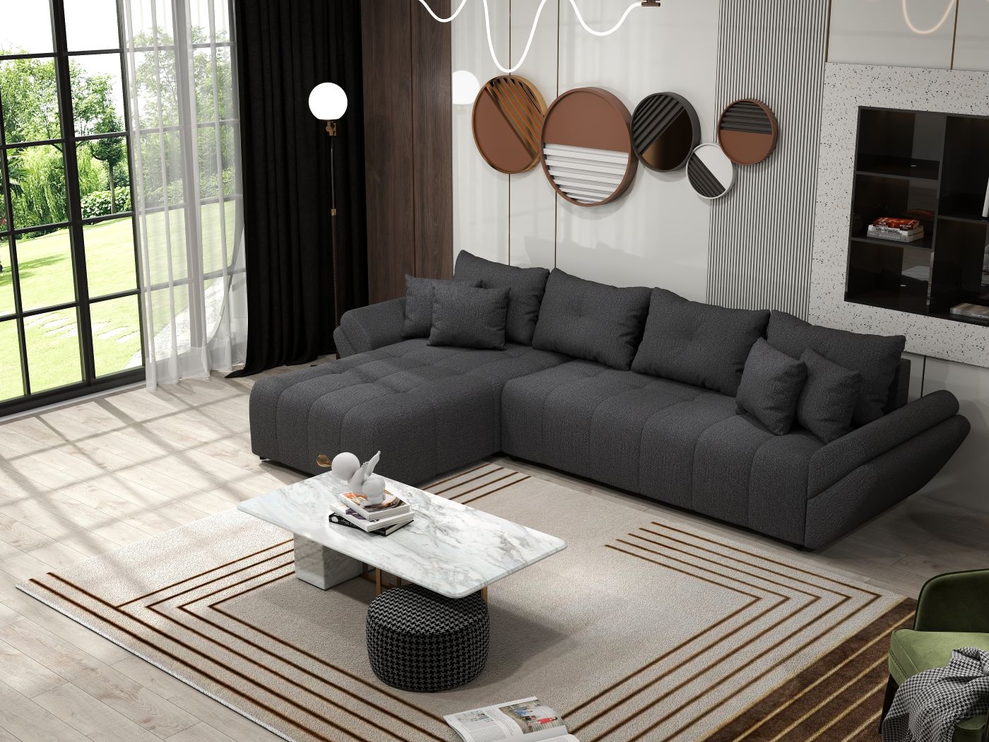 Colțar extensibil dumonde cu ladă de depozitare si sezut confortabil din spuma HR, Berlin XL Enjoy Graphite 350x185 cm Fabrica