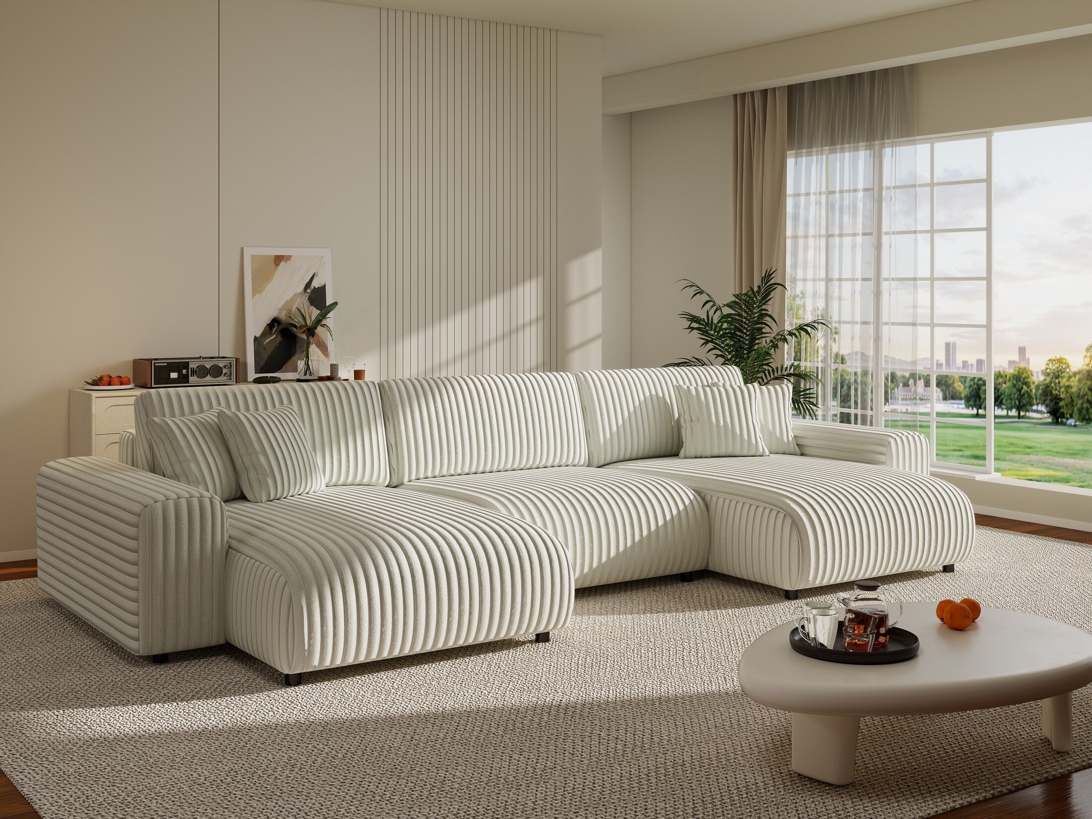 Colțar extensibil dumonde cu ladă de depozitare si sezut confortabil din spuma HR, Sarina U Ambience Alb 350x168 cm