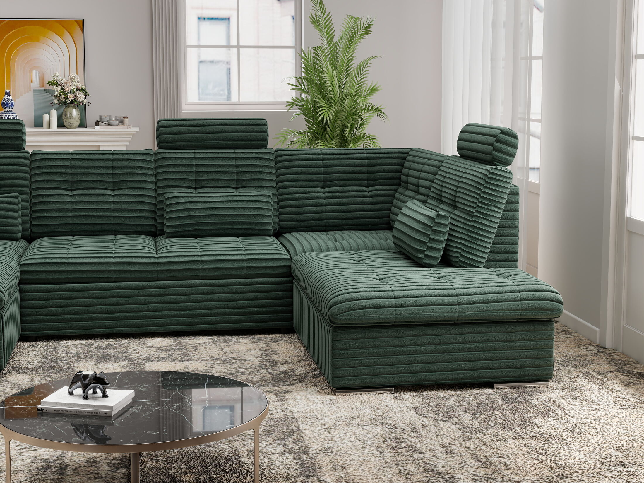 Colțar extensibil dumonde cu ladă de depozitare și șezut confortabil din spumă HR, Merkur U Ambience Verde 324x218 cm