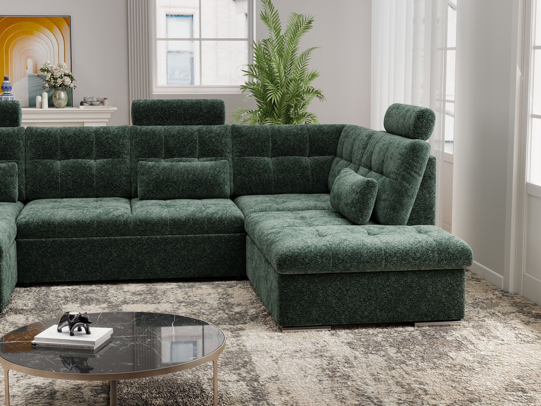 Colțar extensibil dumonde cu ladă de depozitare și șezut confortabil din spumă HR, Merkur U Euphoria Verde 324x218 cm