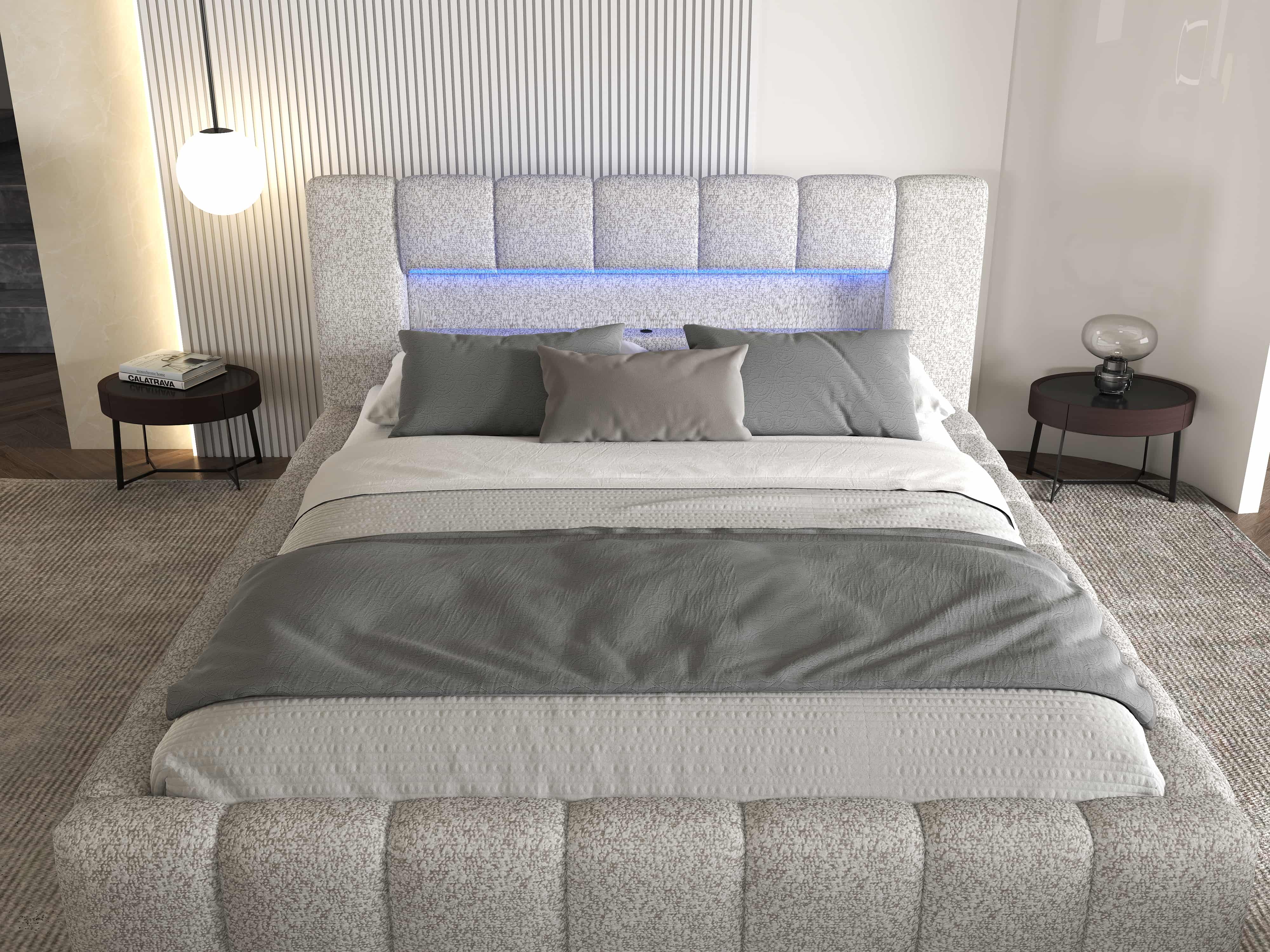 Pat dormitor dumonde, tapitat gri cu LED si USB, Palermo 160x200 cm, somiera rabatabila inclusa, spatiu depozitare WLS