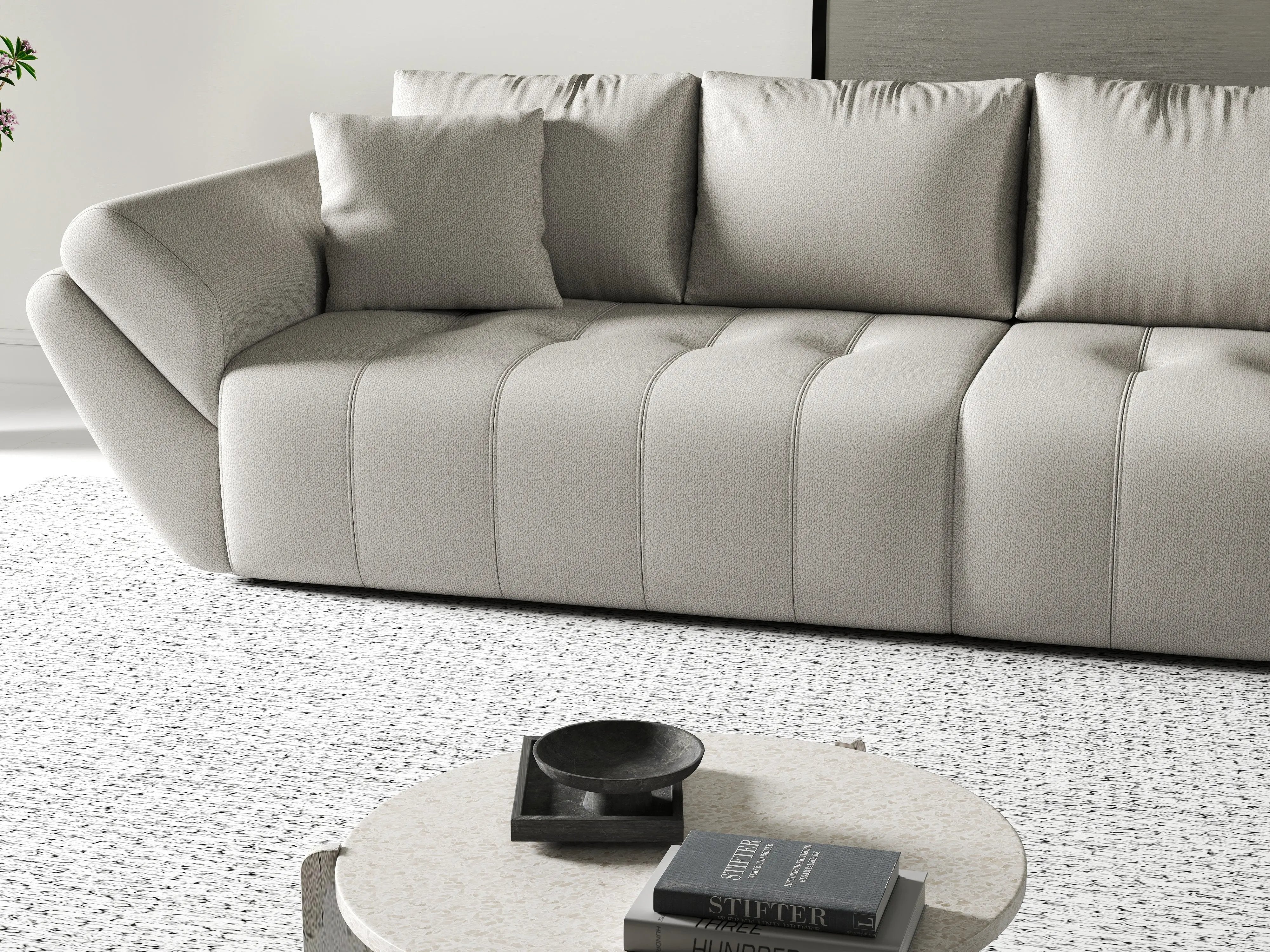 Canapea extensibilă dumonde cu ladă de depozitare si sezut confortabil din spuma HR, Berlin Enjoy Beige 300x100 cm Fabrica