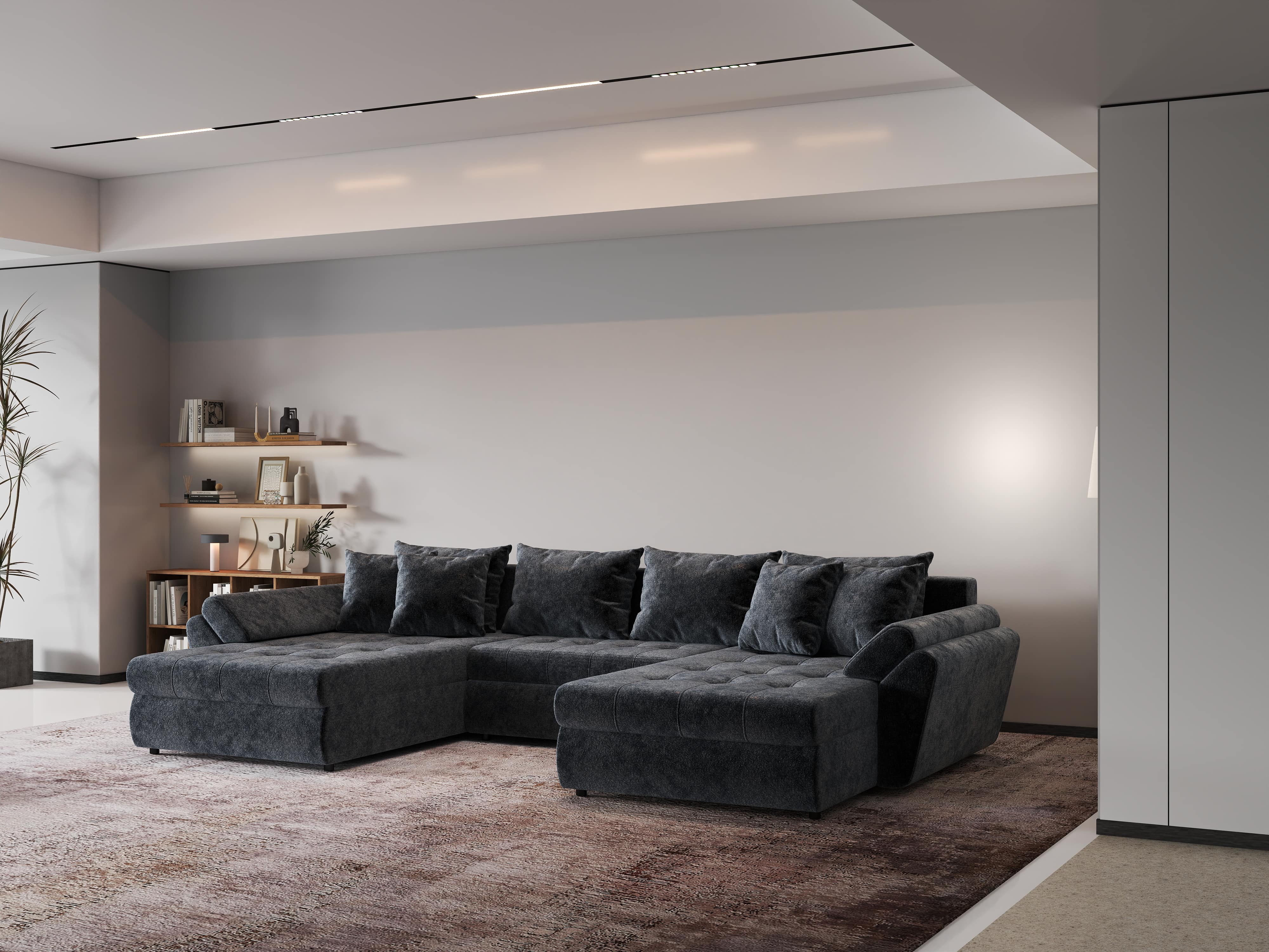 Colțar extensibil dumonde cu ladă de depozitare si sezut confortabil din spuma HR, Loana U Euphoria Grafit 355x185 cm Fabrica