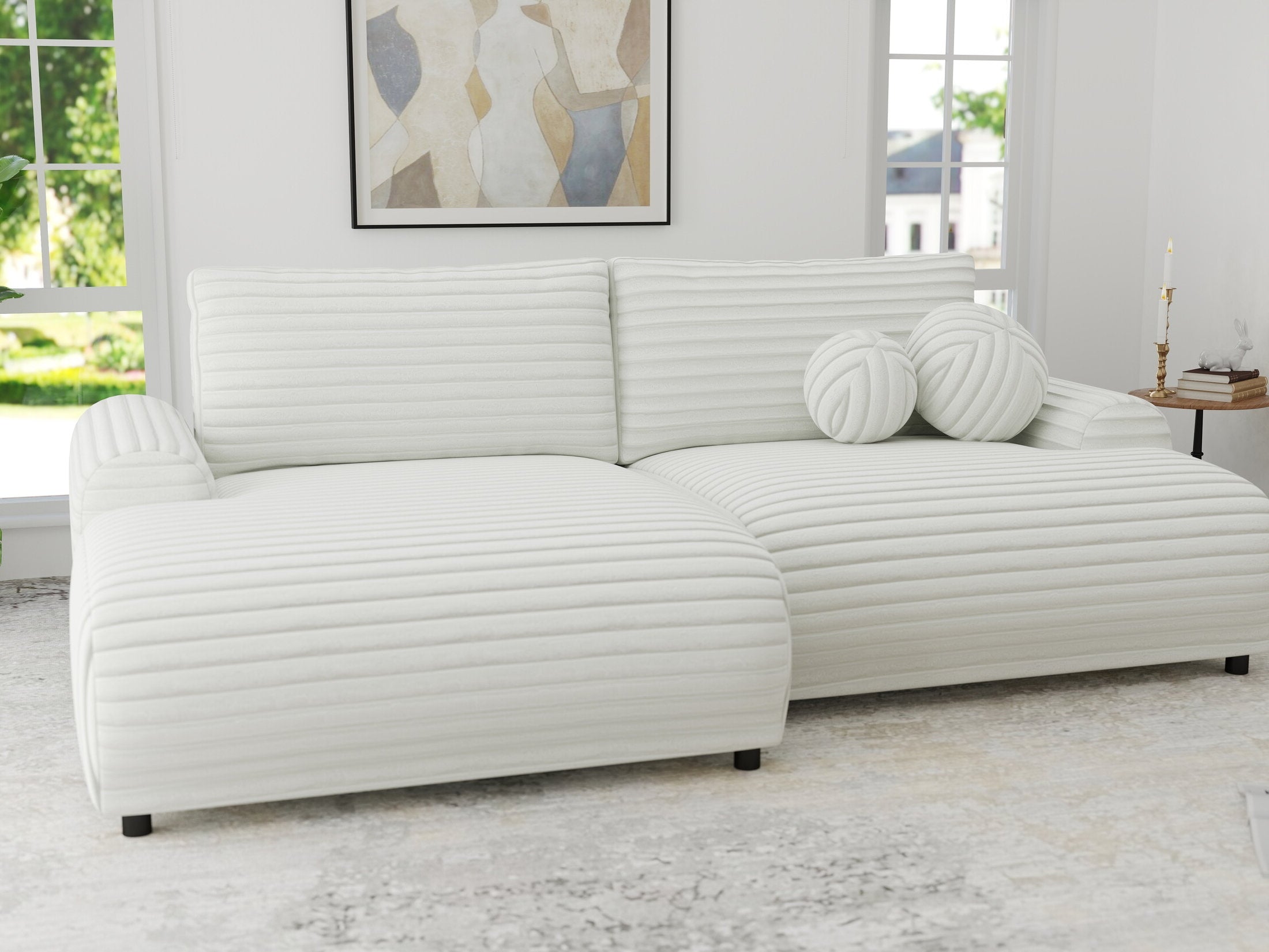 Colțar extensibil dumonde cu ladă de depozitare și șezut confortabil din spumă HR, Carlo Ambience Alb 240x145 cm