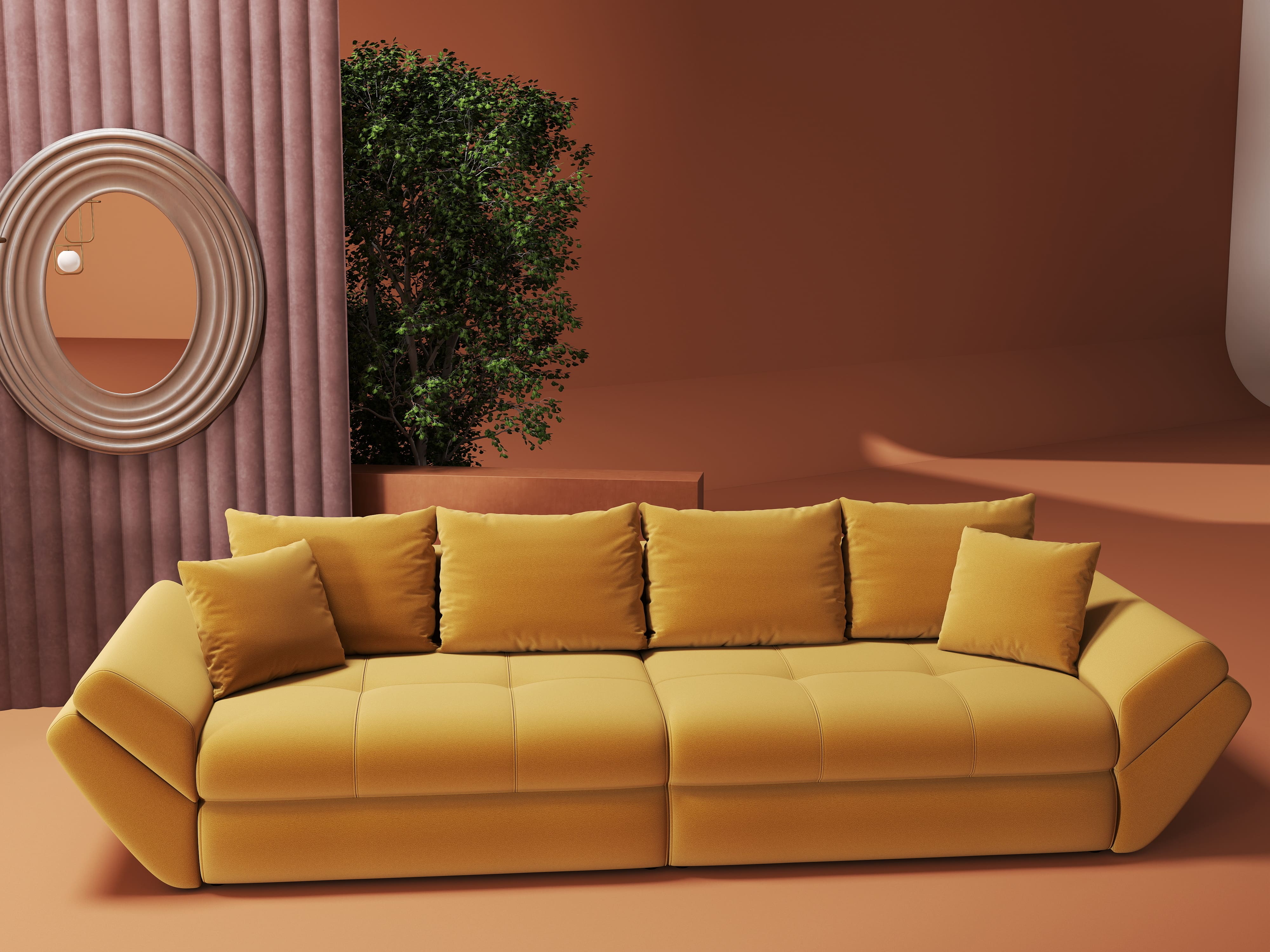 Canapea extensibilă dumonde cu ladă de depozitare si sezut confortabil din spuma HR, Loana Royal Mustar 300x100 cm Fabrica