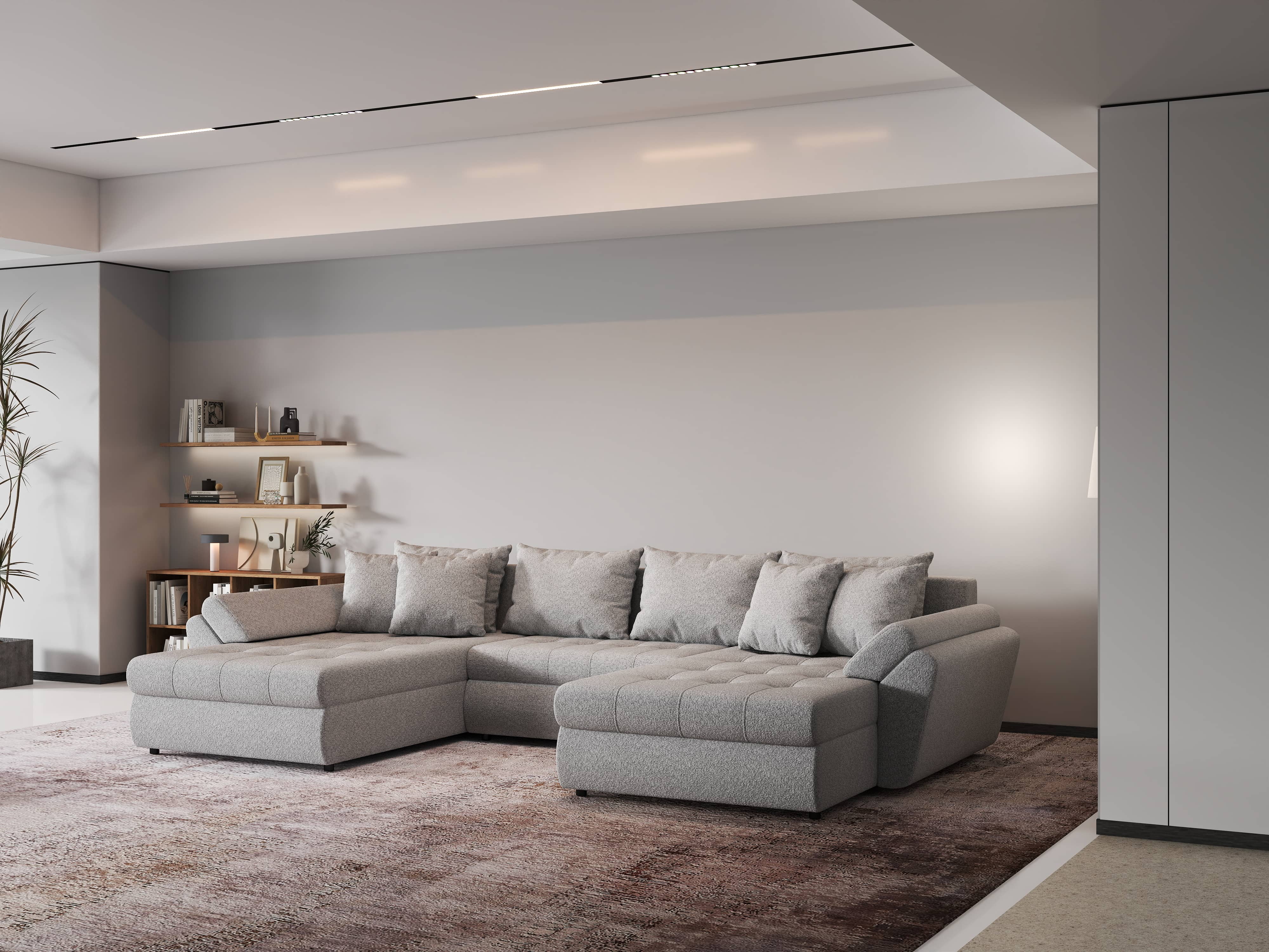 Colțar extensibil dumonde cu ladă de depozitare si sezut confortabil din spuma HR, Loana U Euphoria Dove 355x185 cm Fabrica