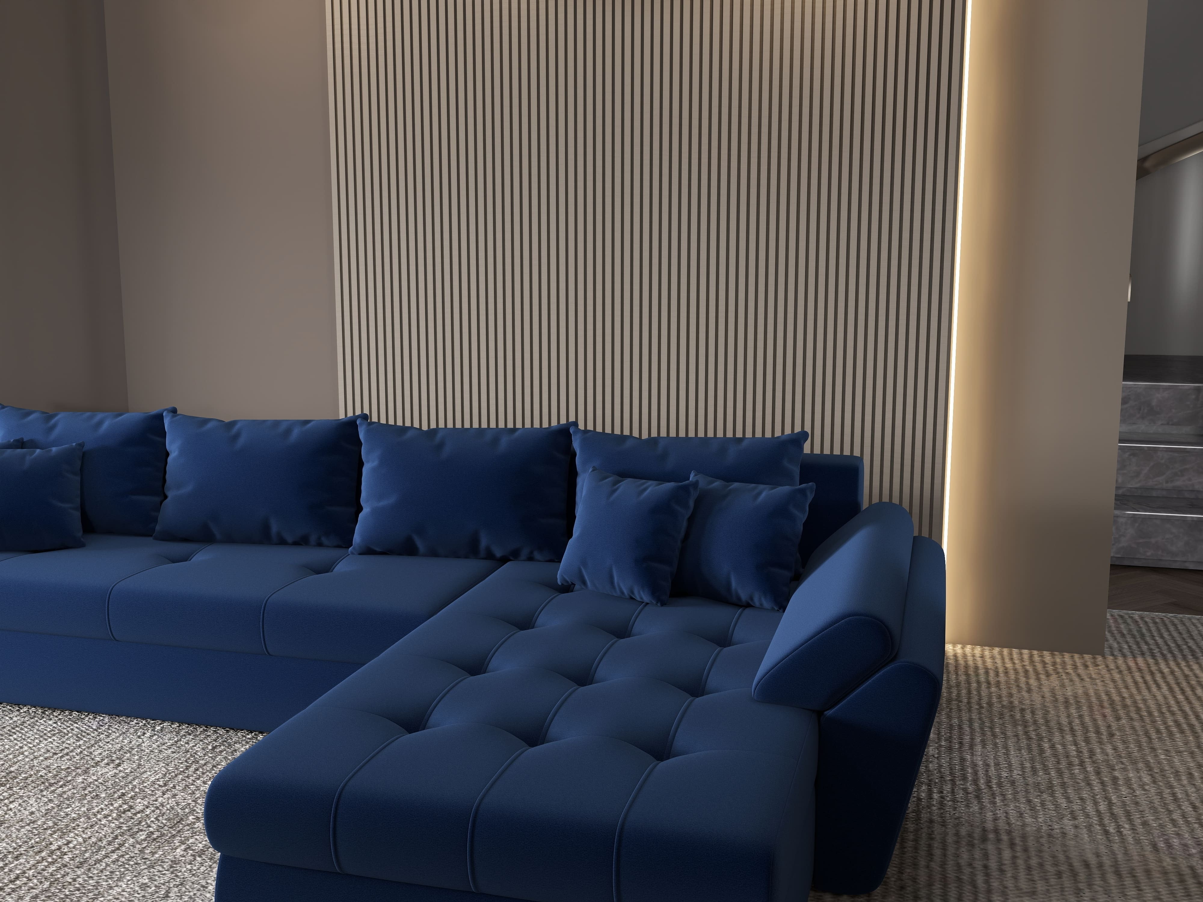 Colțar extensibil dumonde cu ladă de depozitare si sezut confortabil din spuma HR, Loana XL Royal Albastru II 335x185 cm Fabrica