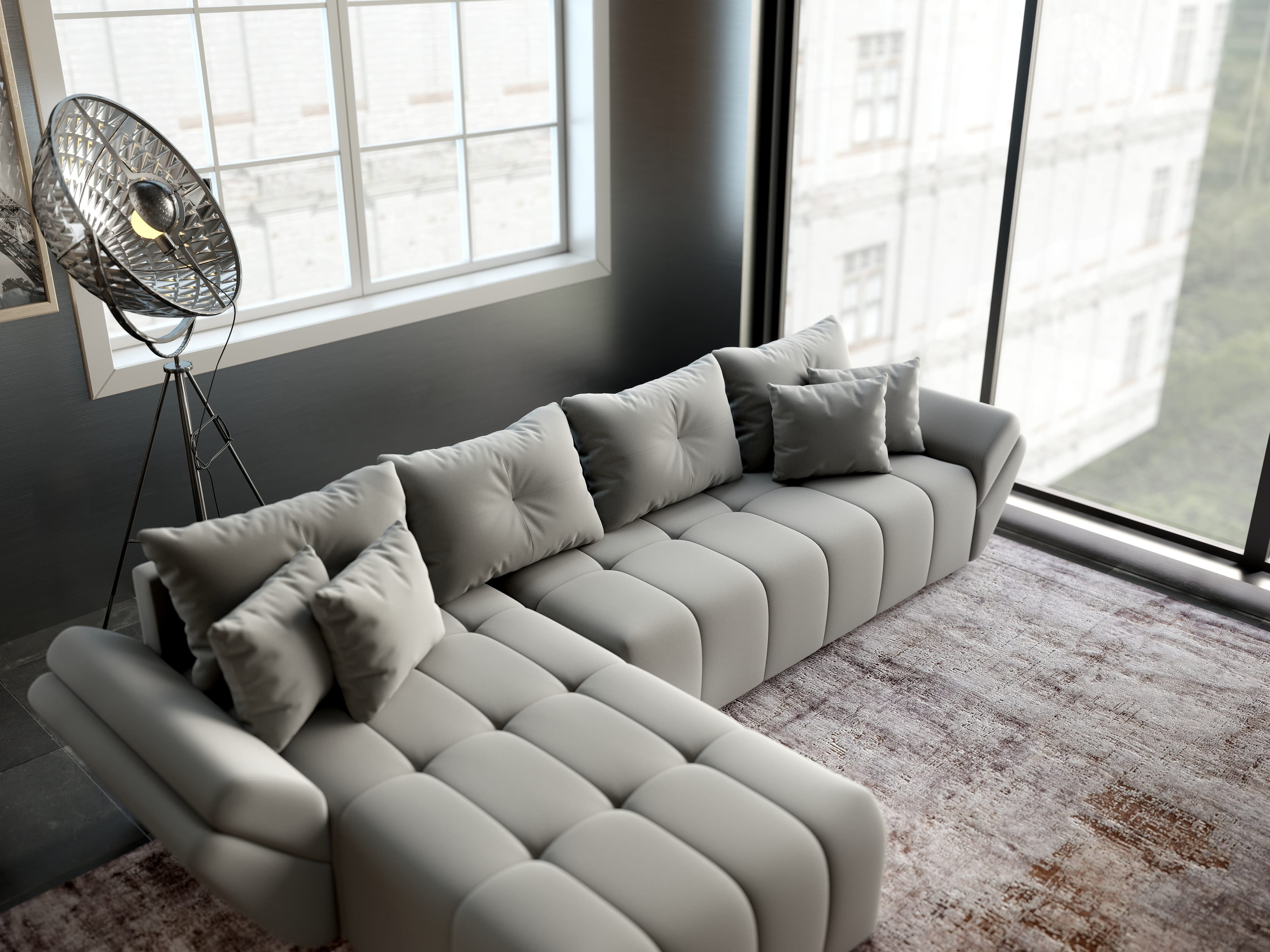 Colțar extensibil dumonde cu ladă de depozitare si sezut confortabil din spuma HR, Berlin XL Royal Gri 350x185 cm Fabrica