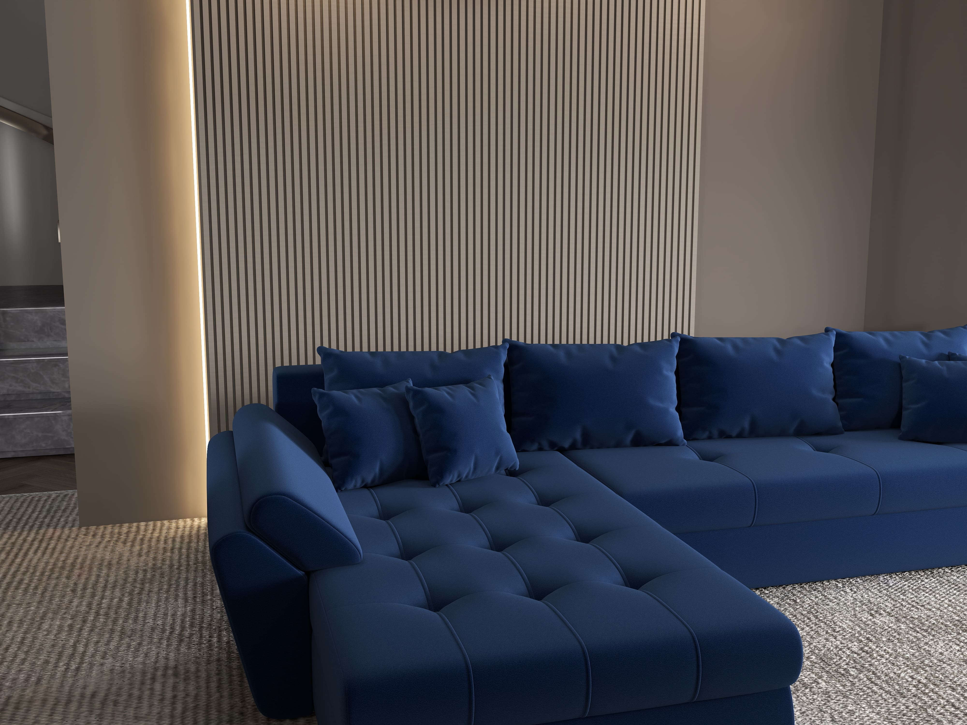 Colțar extensibil dumonde cu ladă de depozitare si sezut confortabil din spuma HR, Loana XL Royal Albastru 335x185 cm Fabrica