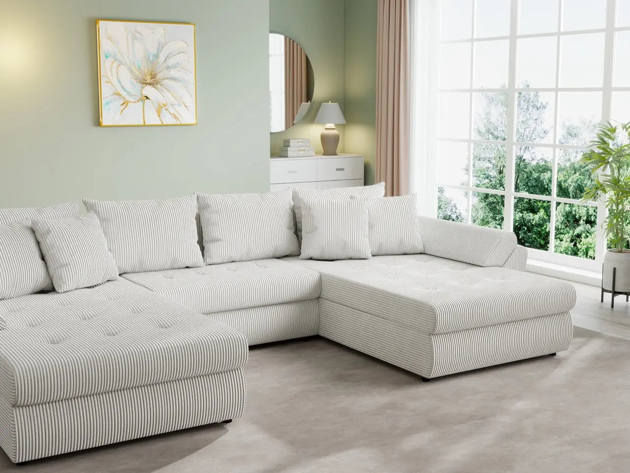 Colțar extensibil dumonde cu ladă de depozitare si sezut confortabil din spuma HR, Loana U Zoom Cream 355x185 cm Fabrica