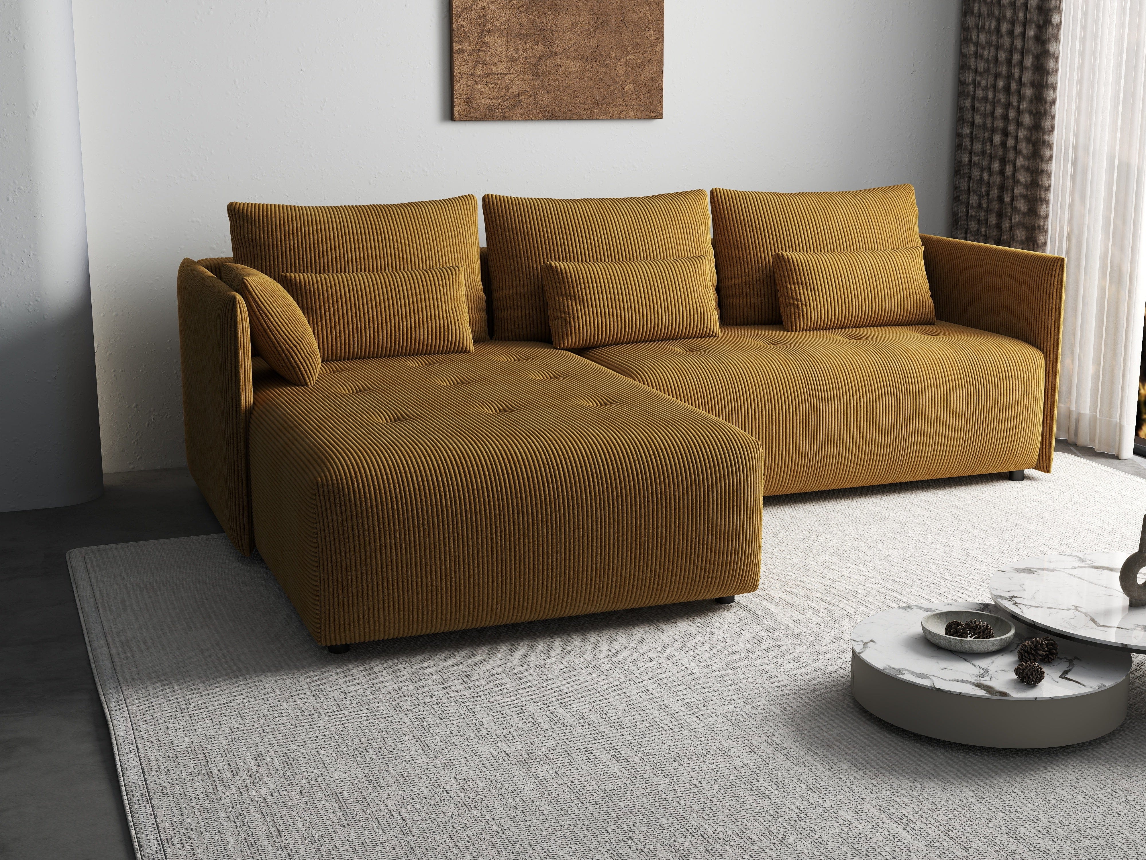 Colțar extensibil dumonde cu ladă de depozitare si sezut confortabil din spuma HR, Malta Zoom Mustar II 235x185 cm Fabrica