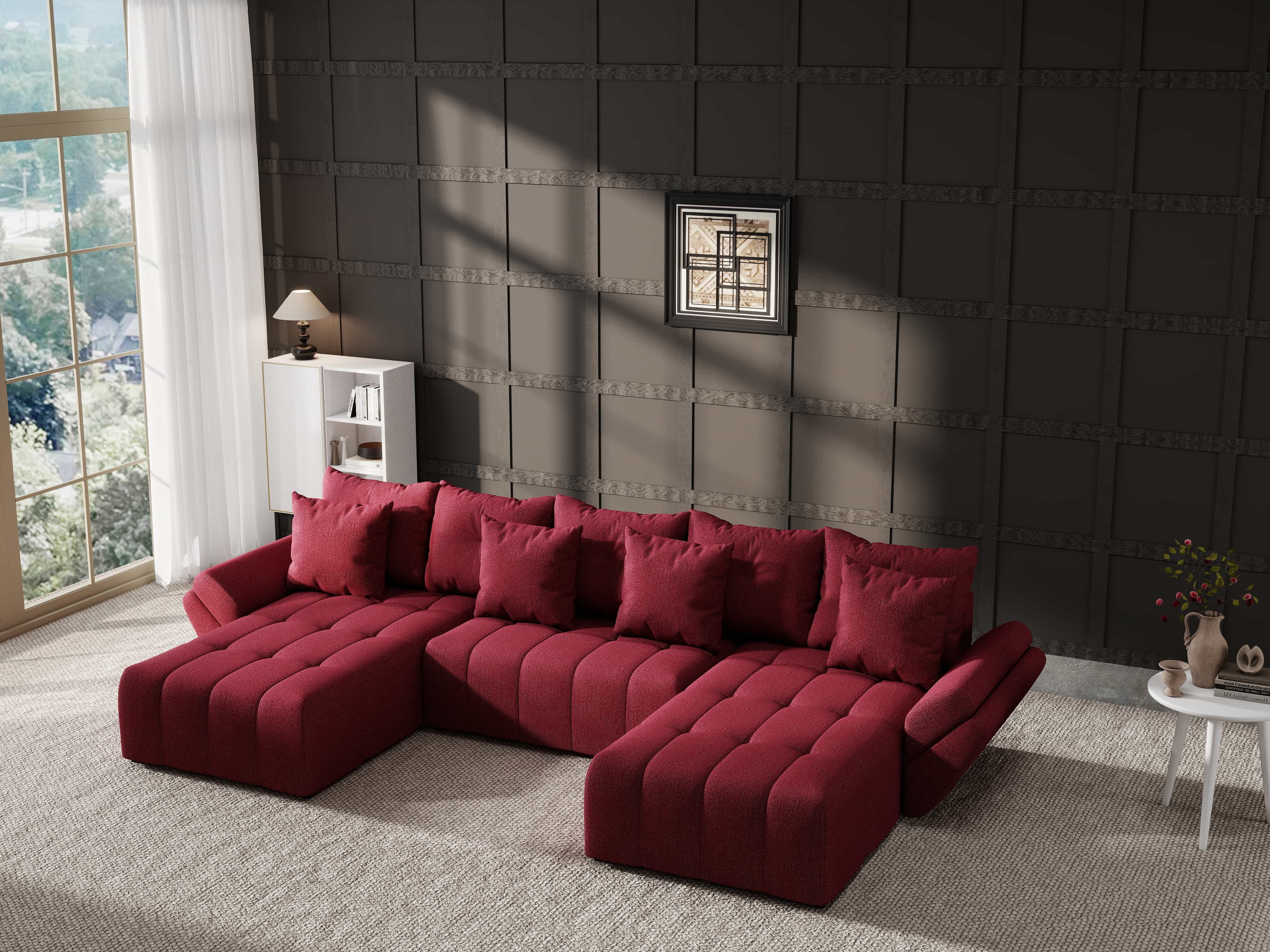 Colțar extensibil dumonde cu ladă de depozitare si sezut confortabil din spuma HR, Berlin U Enjoy Rosu 380x180 cm Fabrica