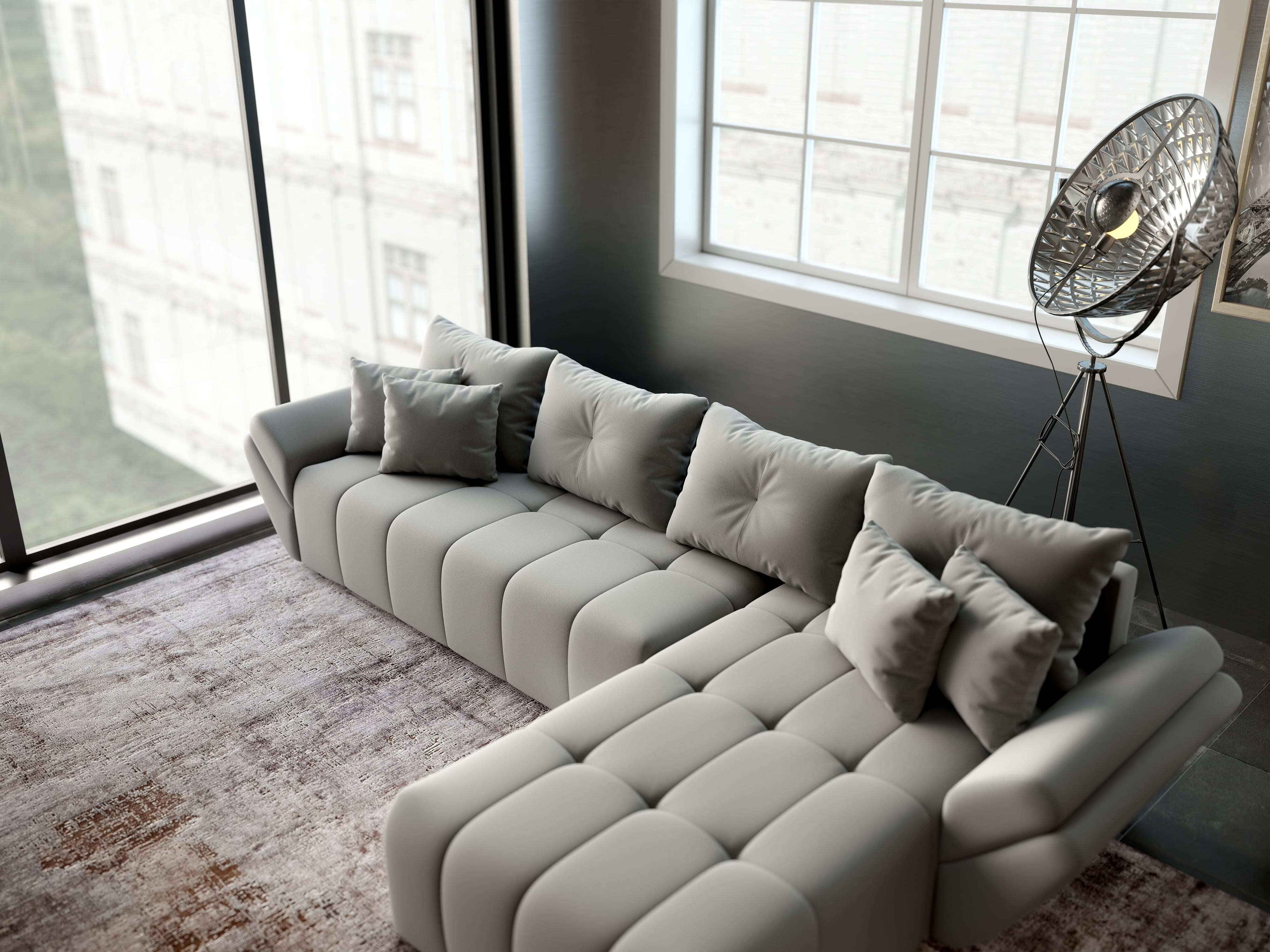 Colțar extensibil dumonde cu ladă de depozitare si sezut confortabil din spuma HR, Berlin XL Royal Gri 350x185 cm II Fabrica