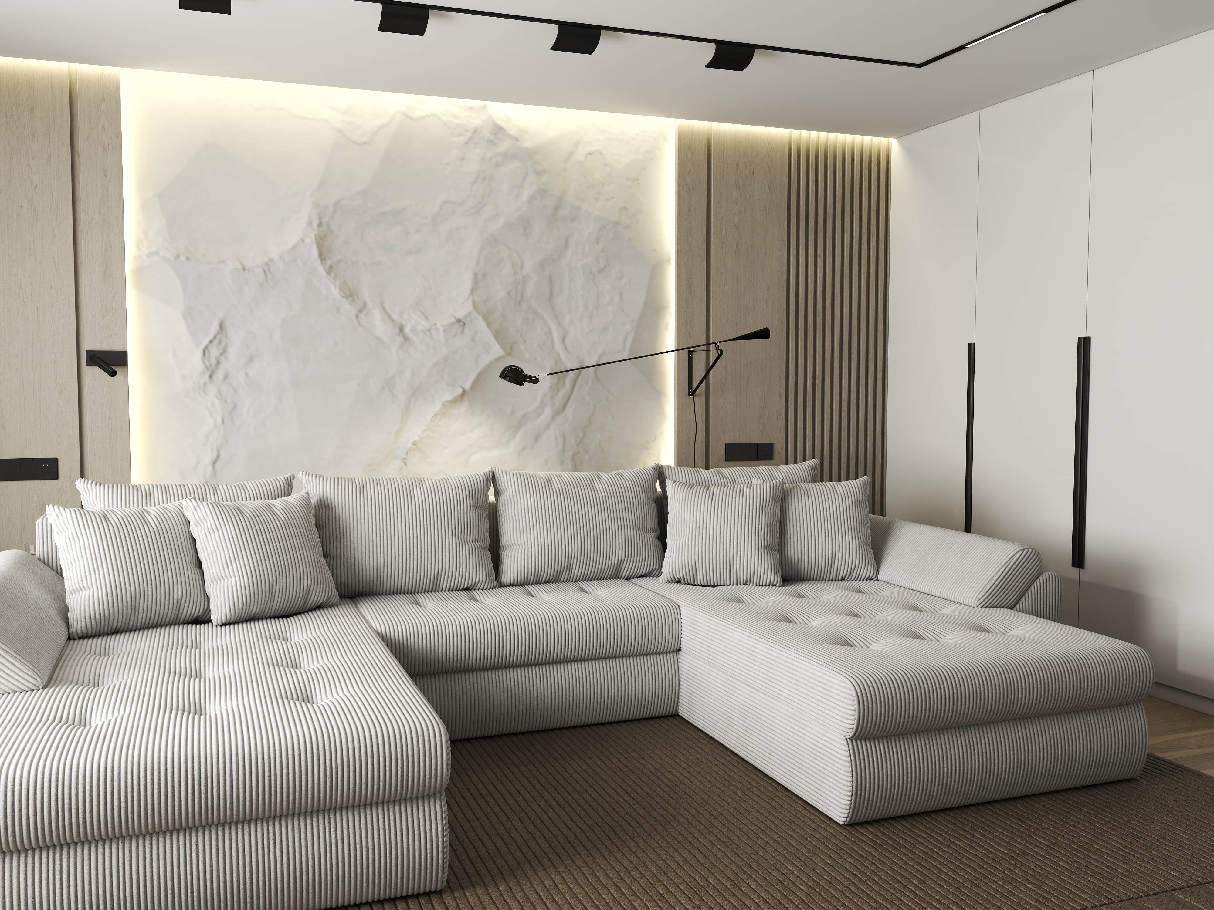 Colțar extensibil dumonde cu ladă de depozitare si sezut confortabil din spuma HR, Loana U Zoom Cream 355x185 cm Fabrica