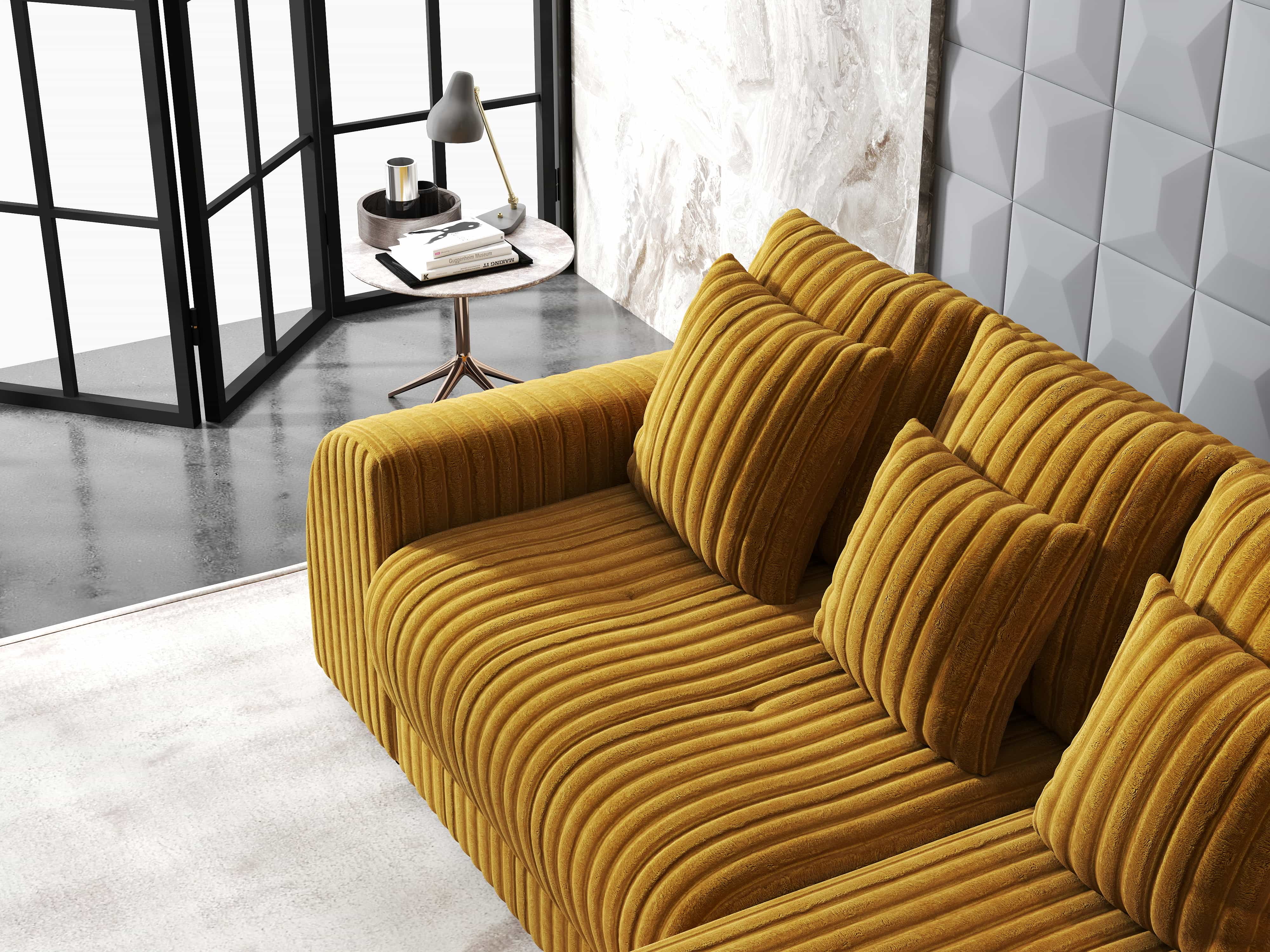 Colțar extensibil dumonde cu ladă de depozitare si sezut confortabil din spuma HR, Verona Ambience Mustar II 290x185 cm Fabrica