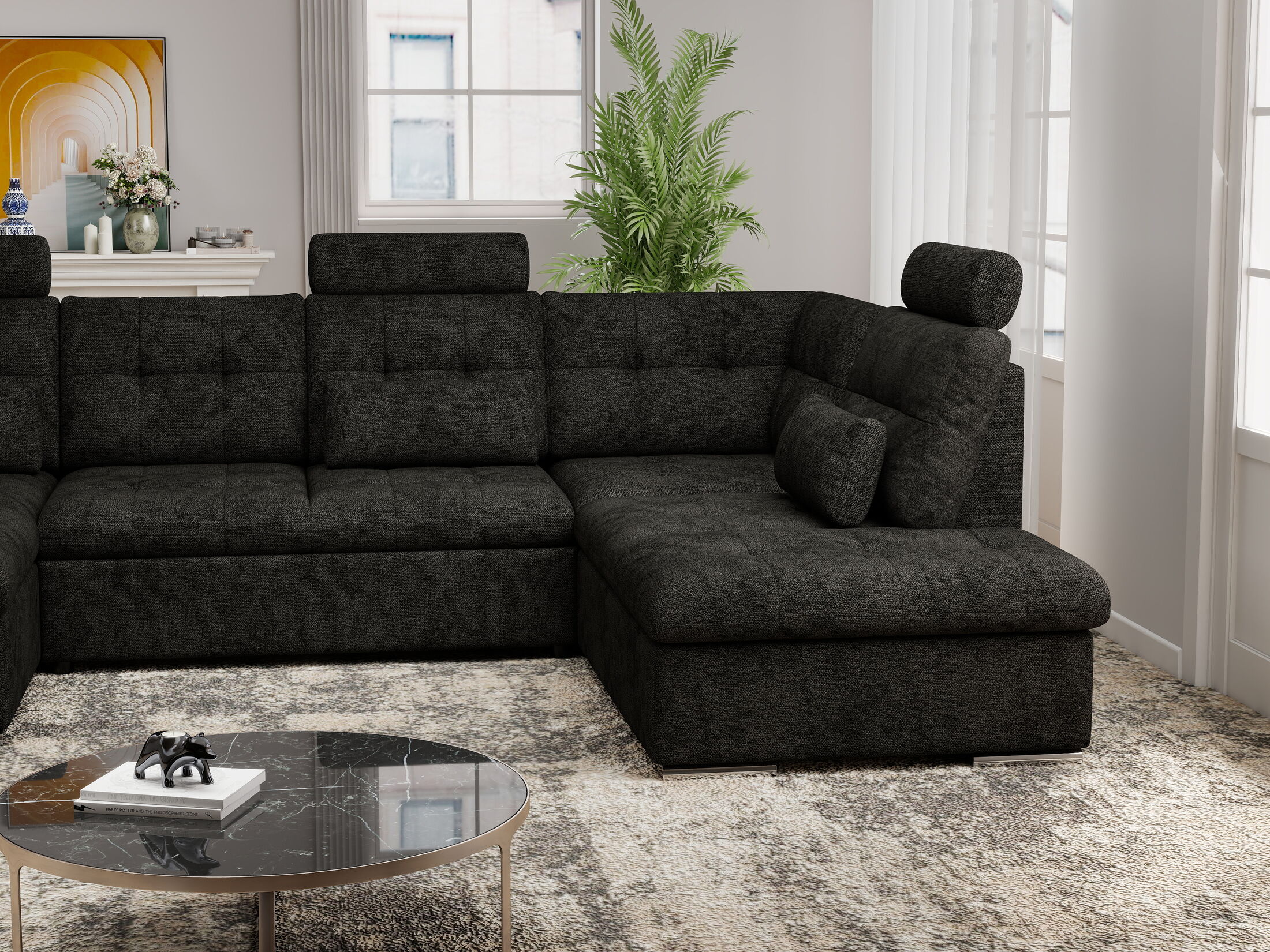 Colțar extensibil dumonde cu ladă de depozitare și șezut confortabil din spumă HR, Merkur U Enjoy Negru 324x218 cm