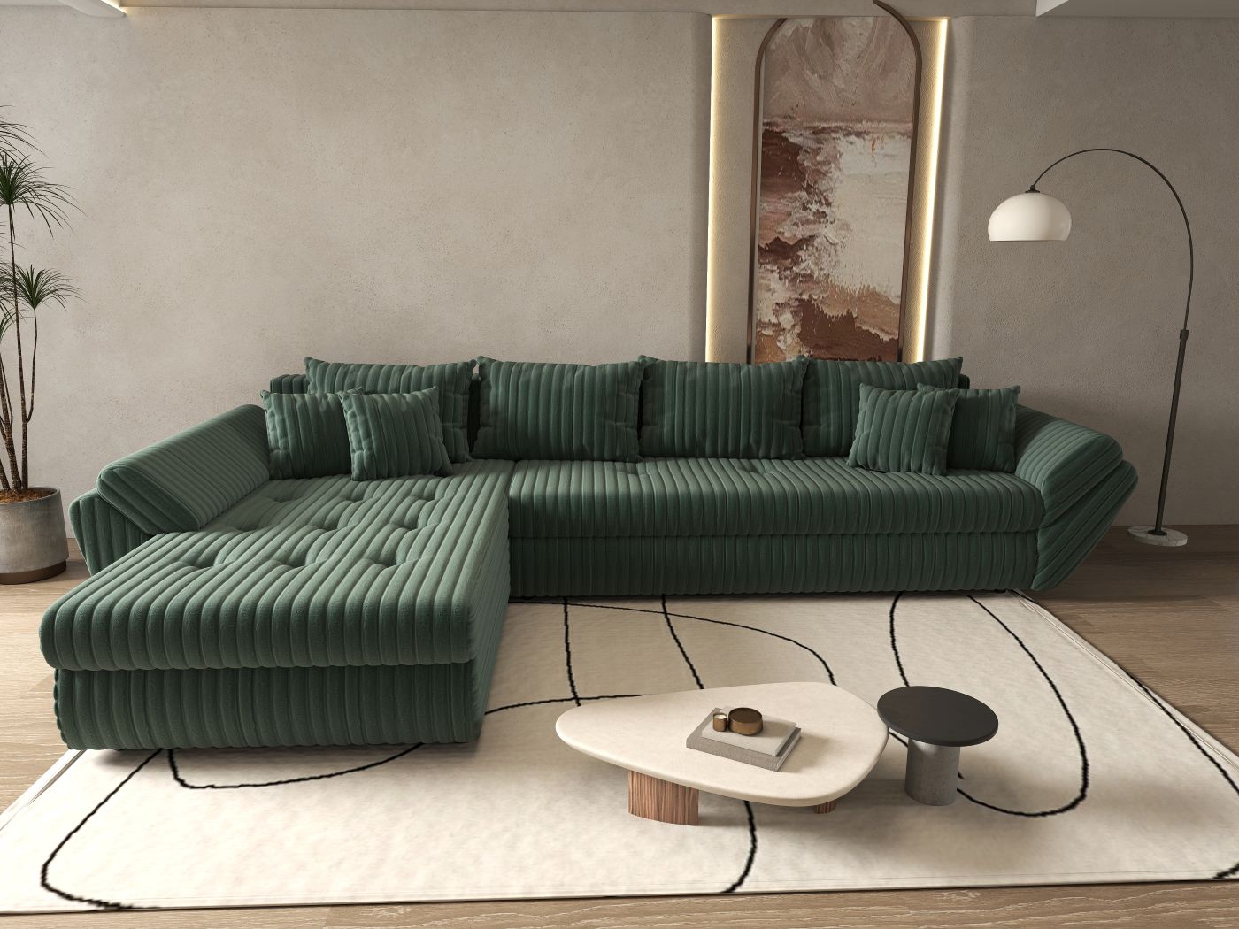 Colțar extensibil dumonde cu ladă de depozitare si sezut confortabil din spuma HR, Loana XL Ambience Verde 335x185 cm Fabrica