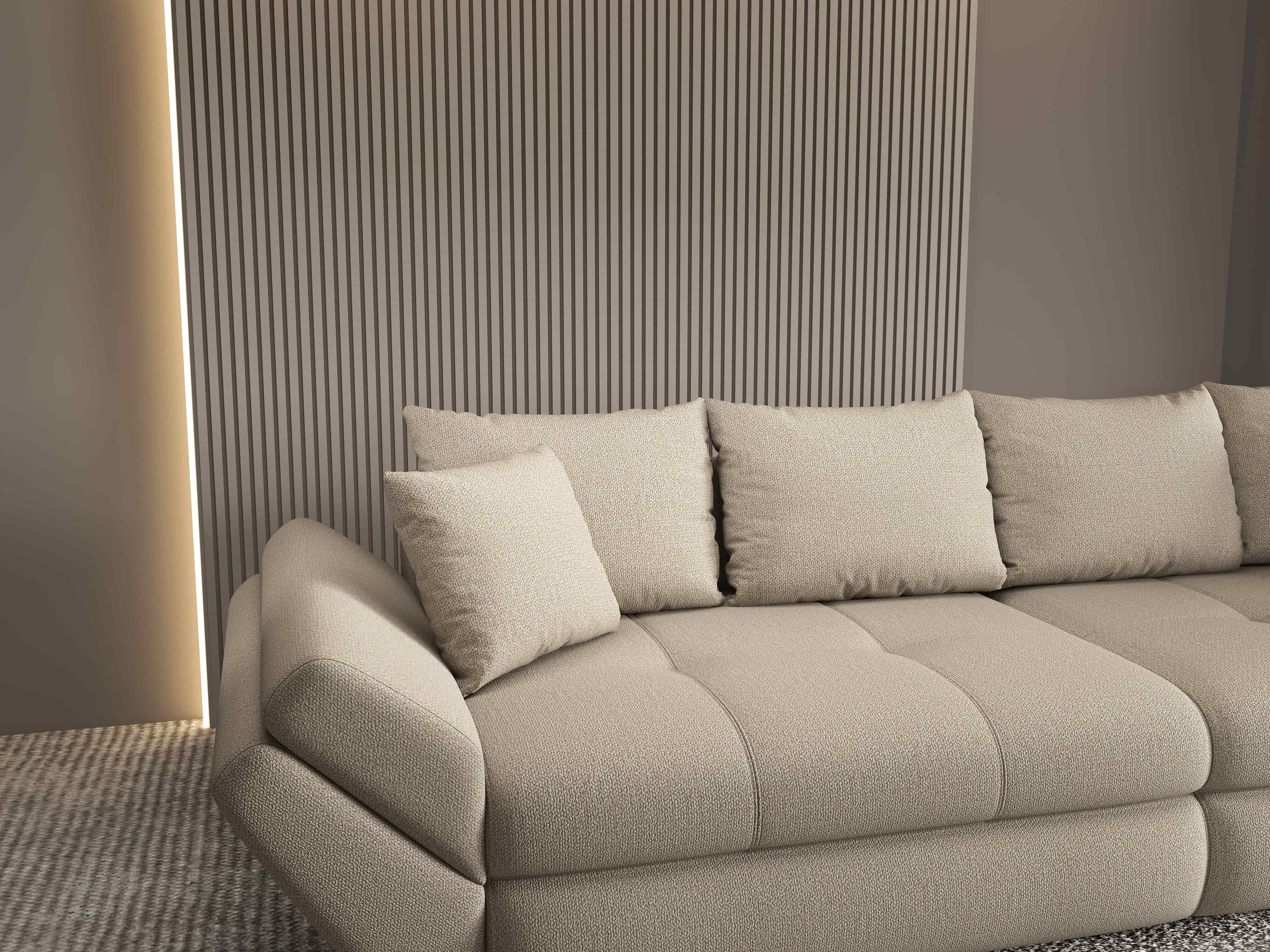 Canapea extensibilă dumonde cu ladă de depozitare si sezut confortabil din spuma HR, Loana Enjoy Camel 300x100 cm Fabrica