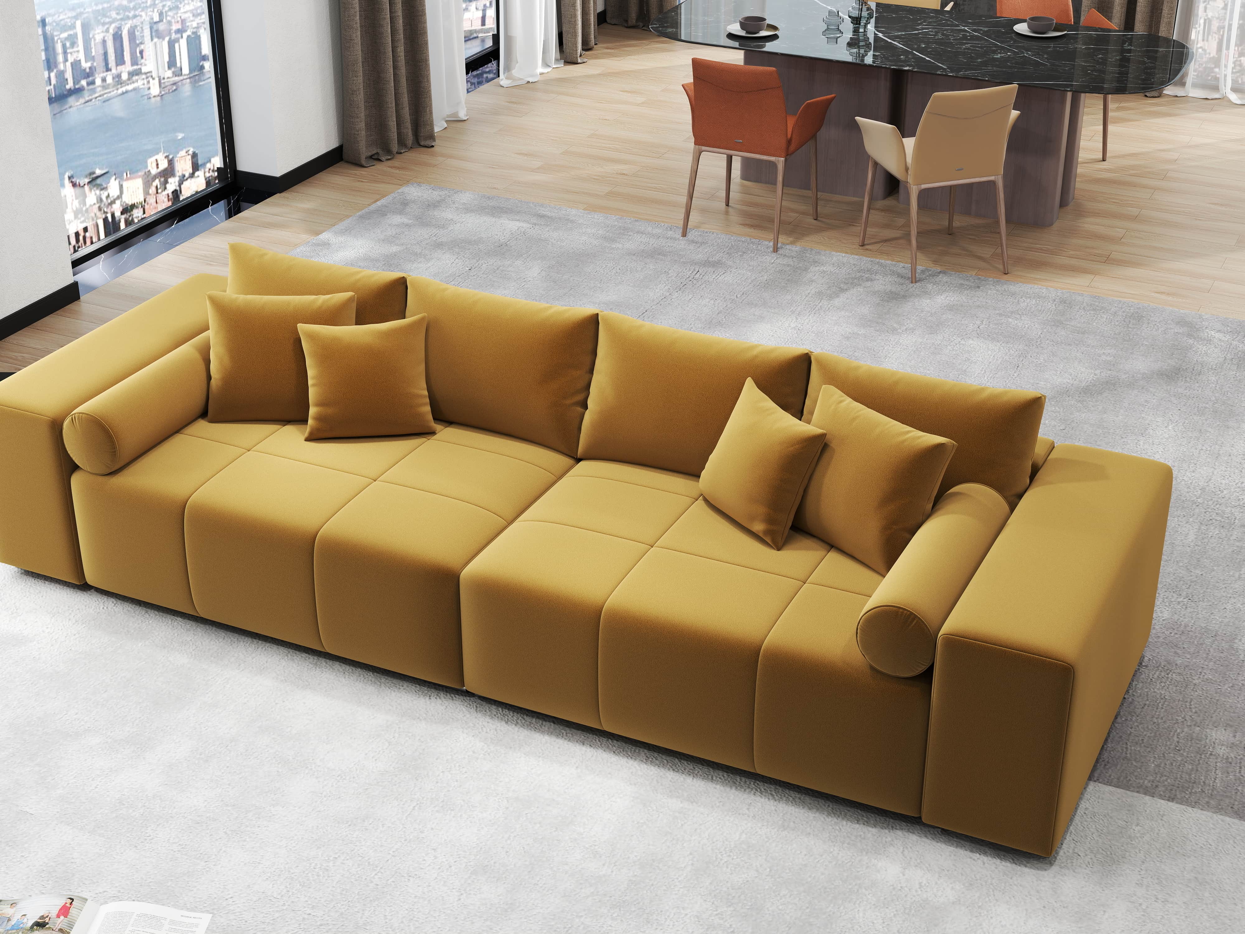 Canapea extensibilă dumonde cu ladă de depozitare si sezut confortabil din spuma HR, Marbela Royal Mustar XXL 295x100 cm fabrica