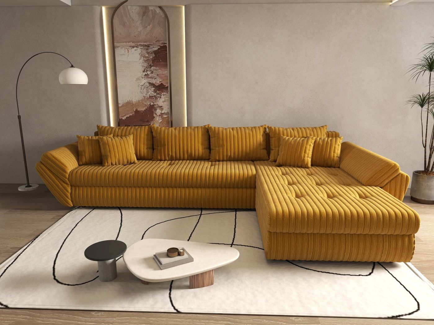 Colțar extensibil dumonde cu ladă de depozitare si sezut confortabil din spuma HR, Loana XL Ambience Mustar II 335x185 cm Fabrica