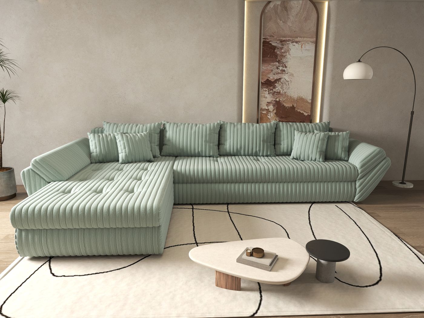 Colțar extensibil dumonde cu ladă de depozitare si sezut confortabil din spuma HR, Loana XL Ambience Mint 335x185 cm Fabrica