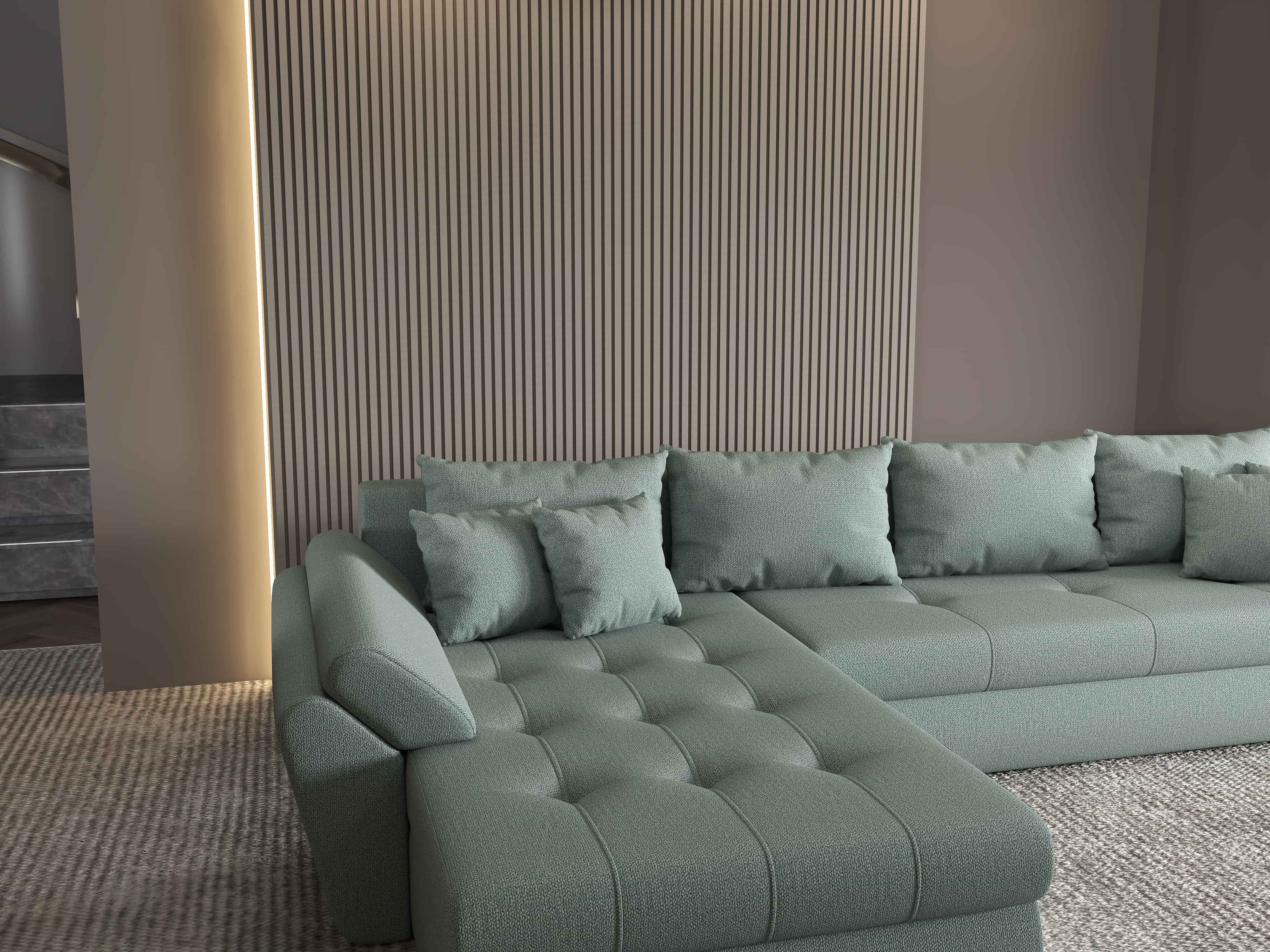 Colțar extensibil dumonde cu ladă de depozitare si sezut confortabil din spuma HR, Loana XL Enjoy Mint 335x185 cm Fabrica