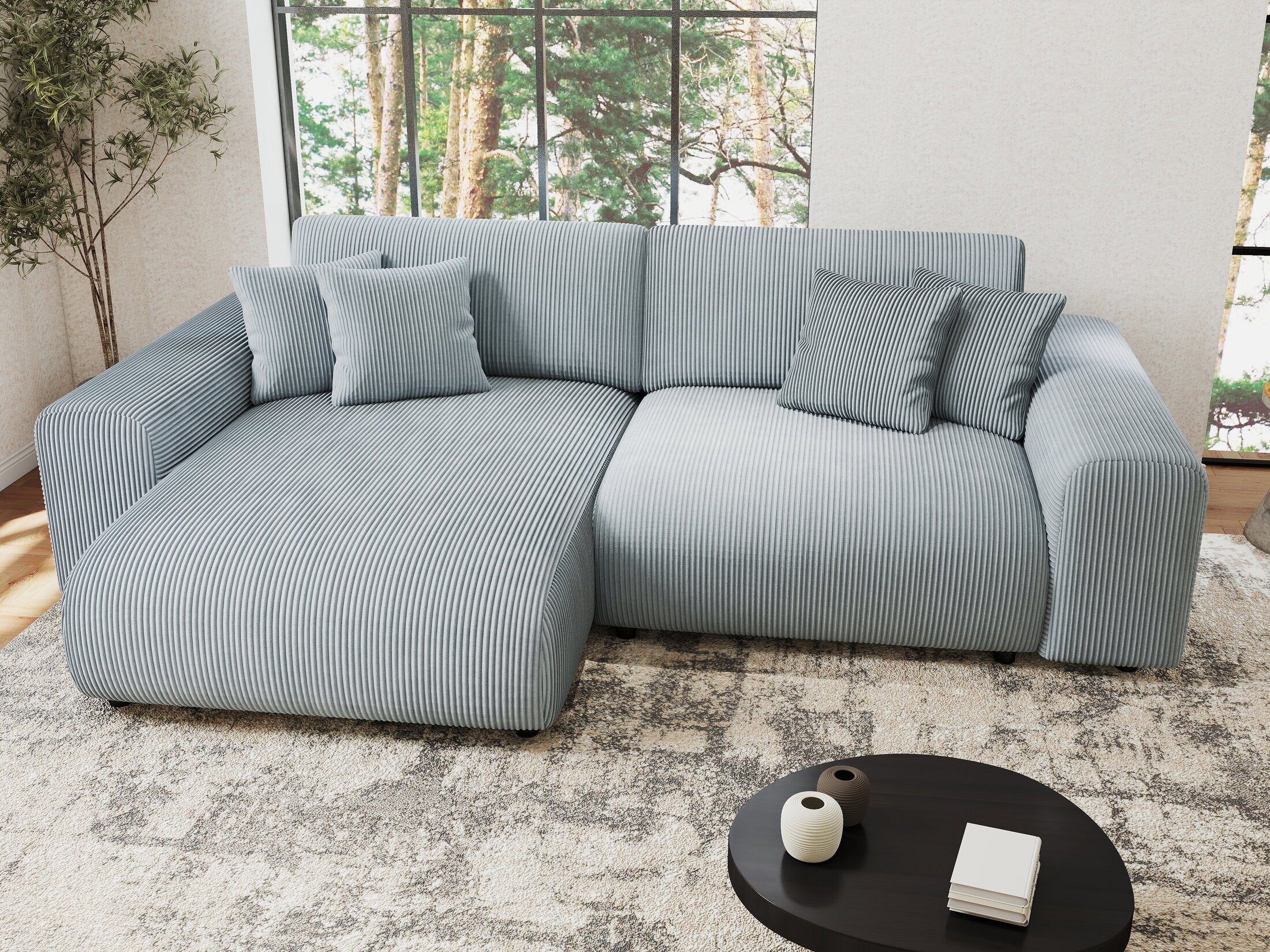 Colțar extensibil dumonde cu ladă de depozitare si sezut confortabil din spuma HR, Sarina Zoom Gri Mint 255x168 cm