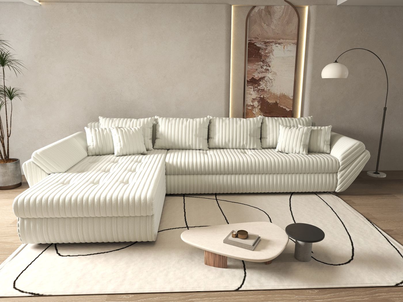 Colțar extensibil dumonde cu ladă de depozitare si sezut confortabil din spuma HR, Loana XL Ambience Ivory 335x185 cm Fabrica