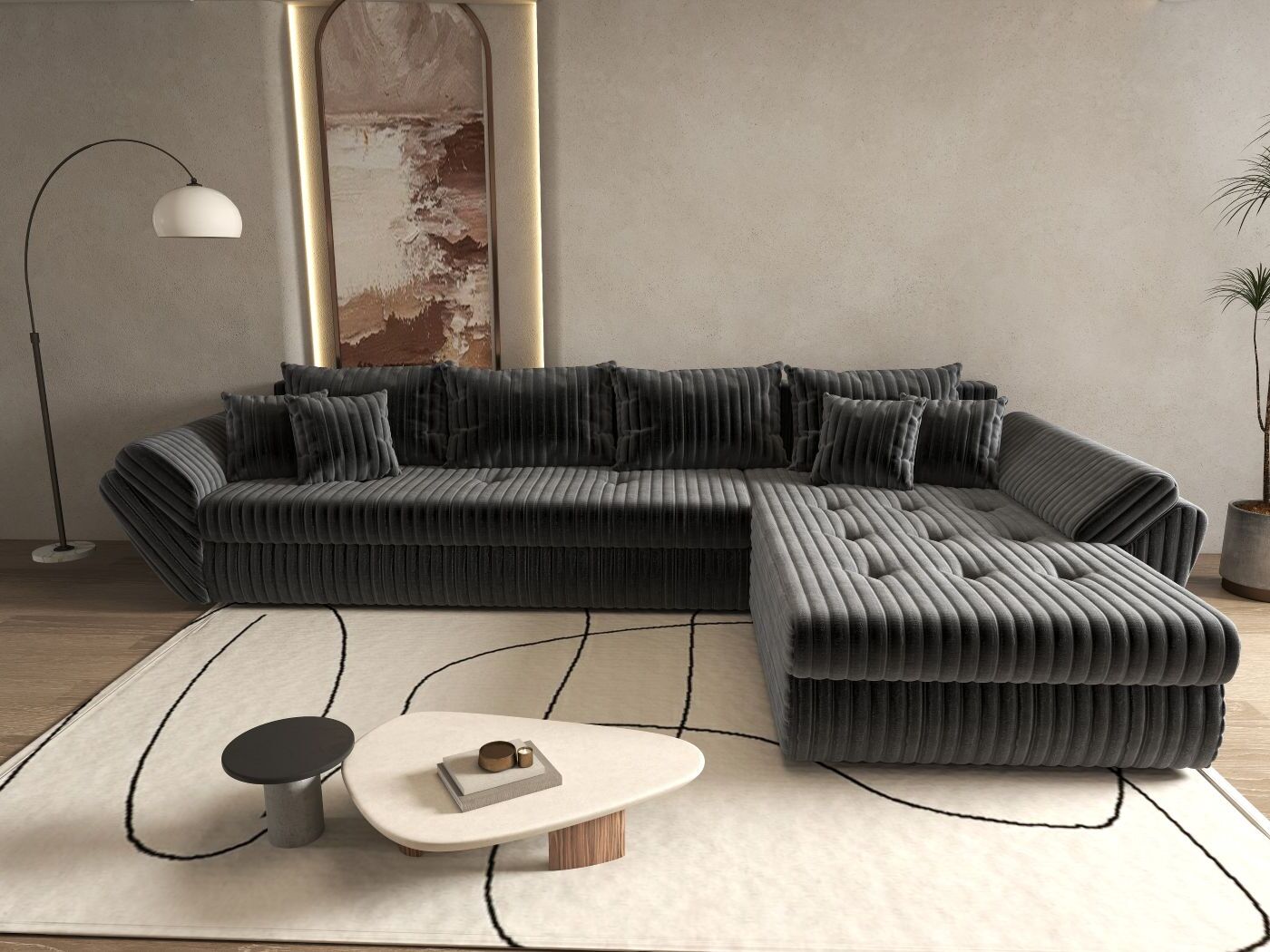 Colțar extensibil dumonde cu ladă de depozitare si sezut confortabil din spuma HR, Loana XL Ambience Gri II 335x185 cm Fabrica