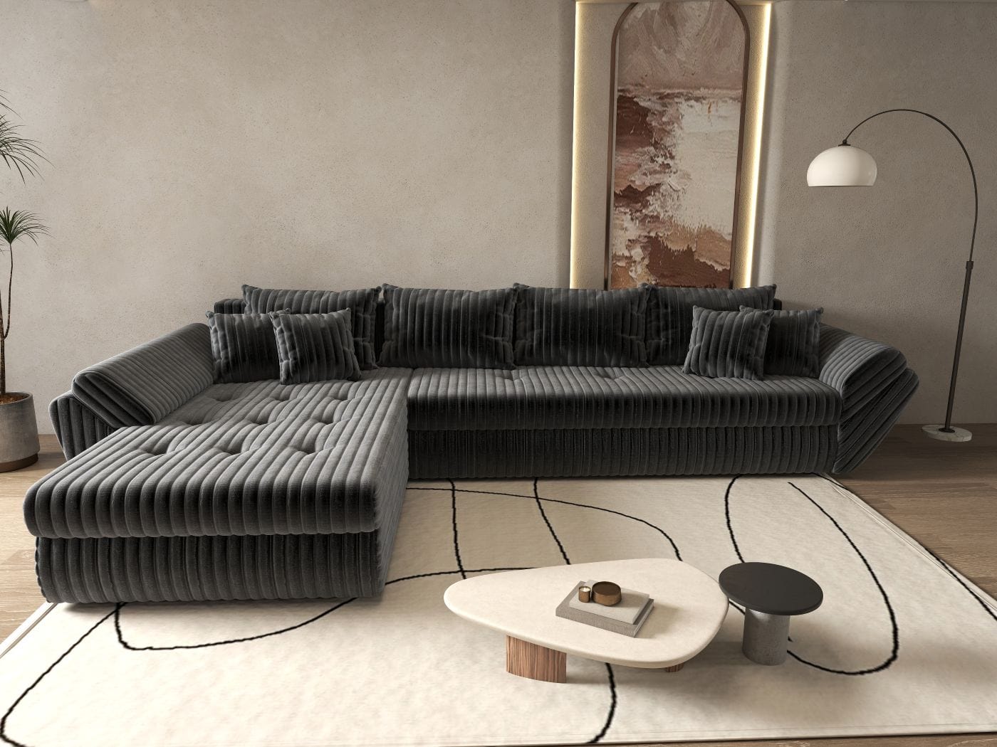 Colțar extensibil dumonde cu ladă de depozitare si sezut confortabil din spuma HR, Loana XL Ambience Gri 335x185 cm Fabrica