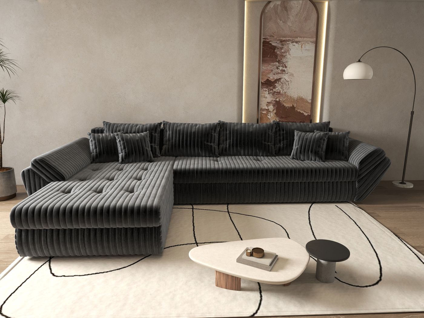 Colțar extensibil dumonde cu ladă de depozitare si sezut confortabil din spuma HR, Loana XL Ambience Gri 335x185 cm Fabrica